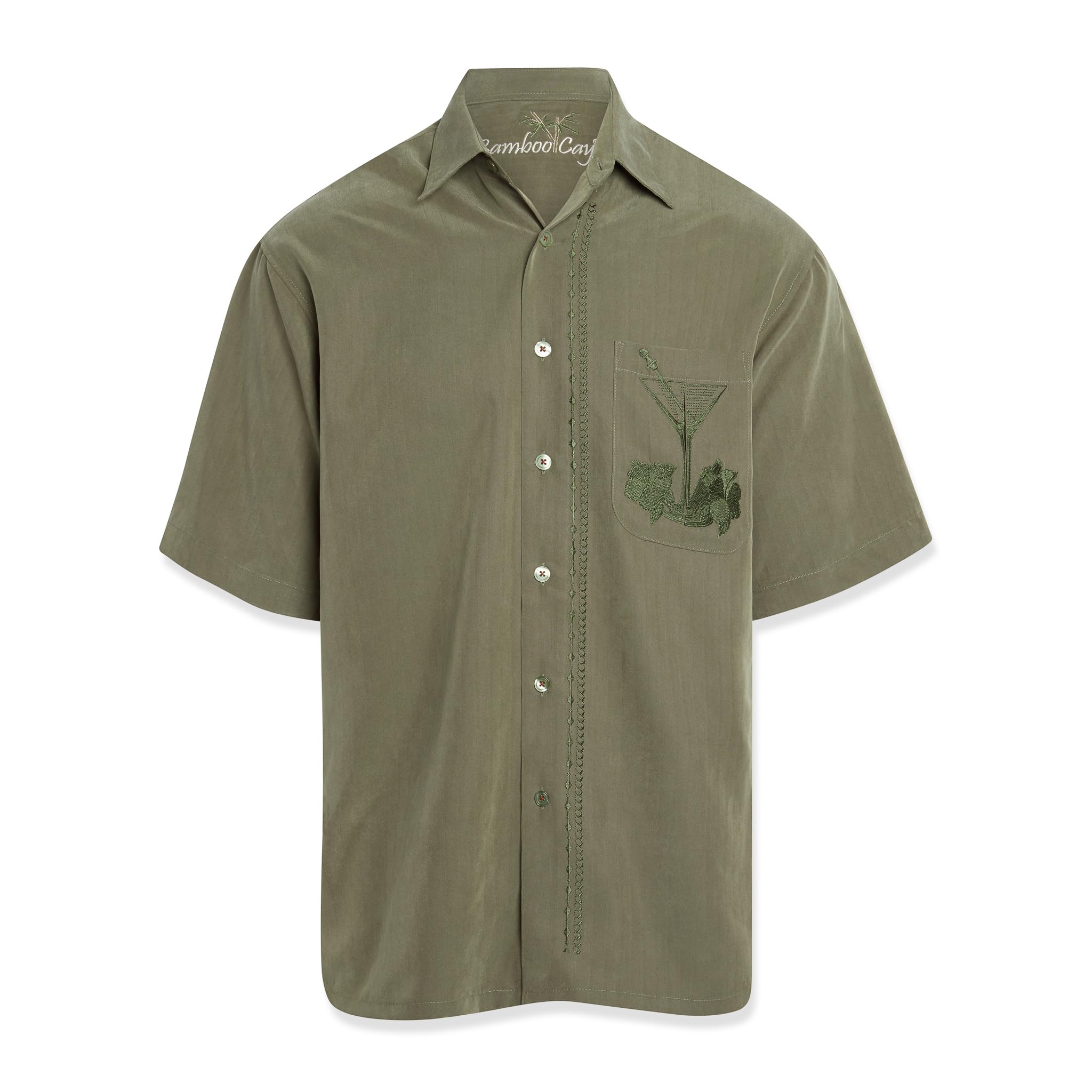 Bamboo CayMens Short Sleeve Martini Olivas Casual Embroidered Woven Shirt