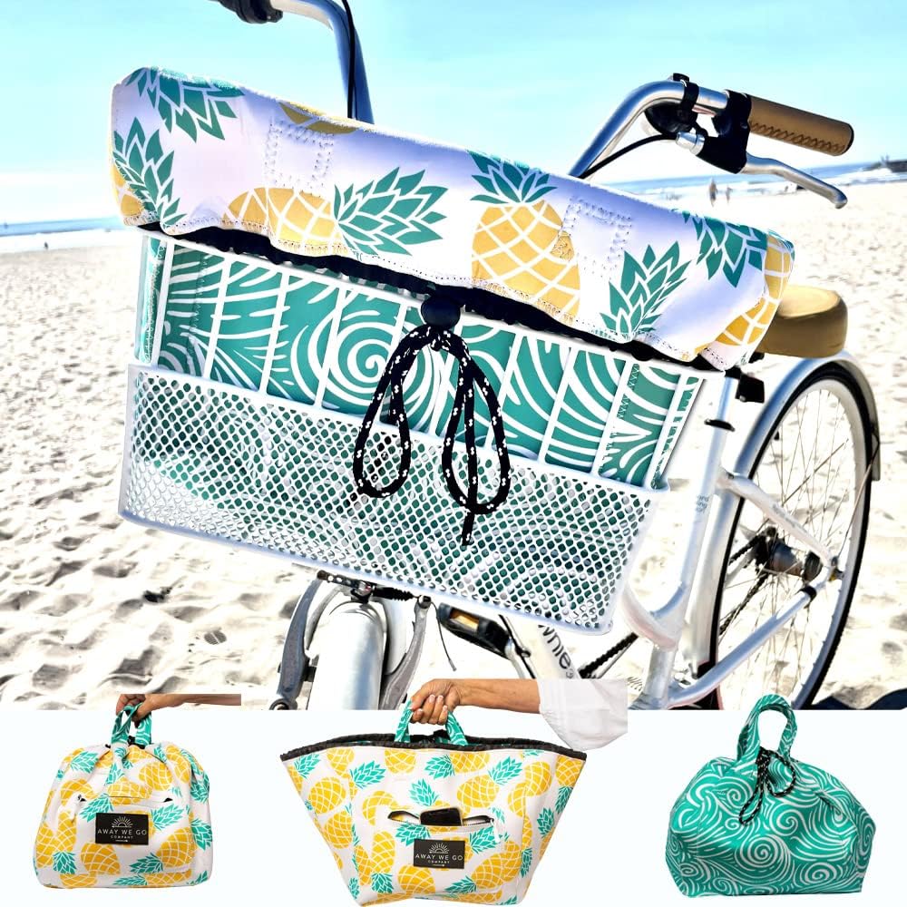 Bike Basket Liner, Beach Bag & Travel Tote All in One Bag Waterproof Neoprene Reversible Prints Two Large Zipper Pockets Locking Toggle with Draw String