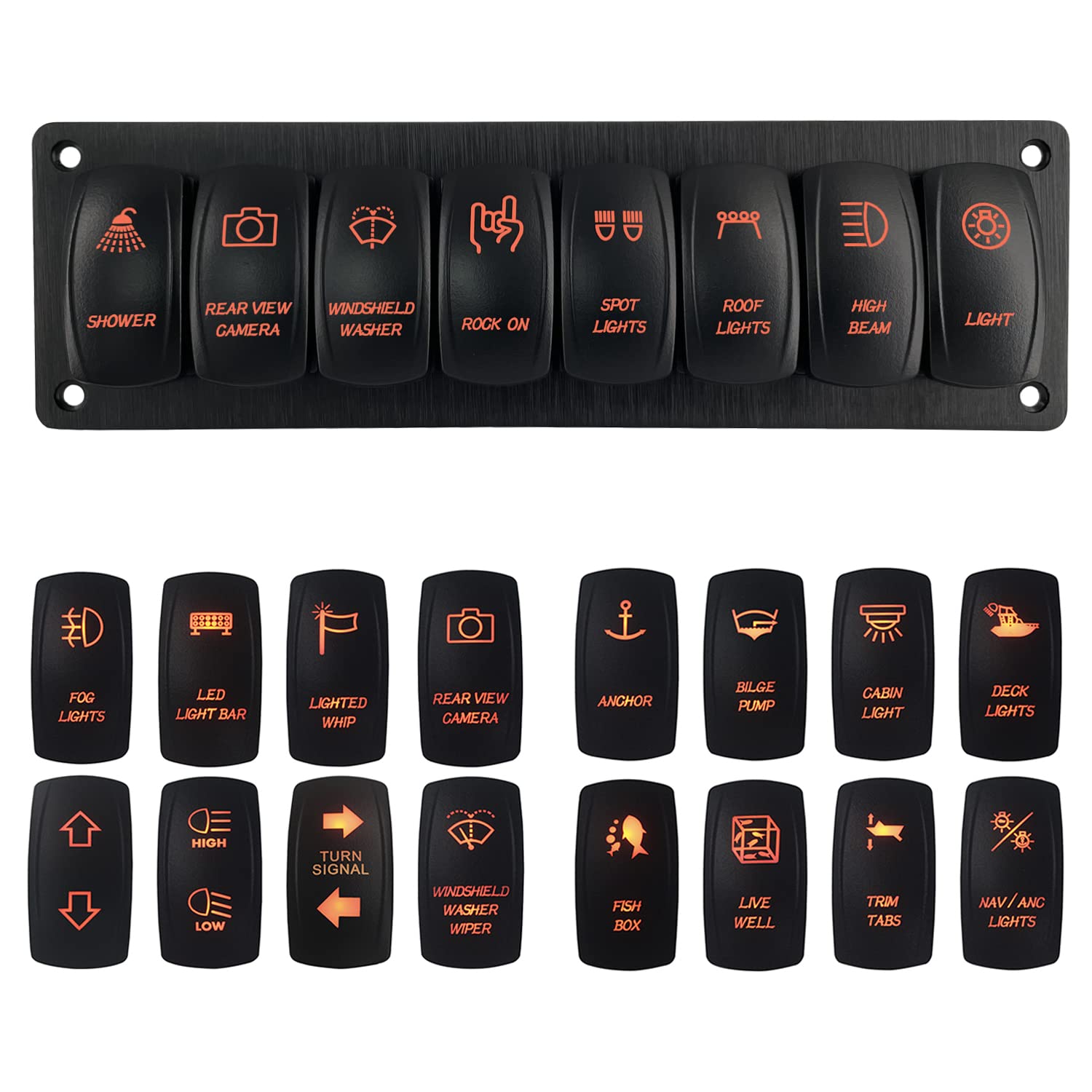 8 Gang Customize Rocker Switch Orange Led Backlit Boat Switch Panel for Car Yacht RV Camper Truck Tractor 12V 24V Waterproof IP66