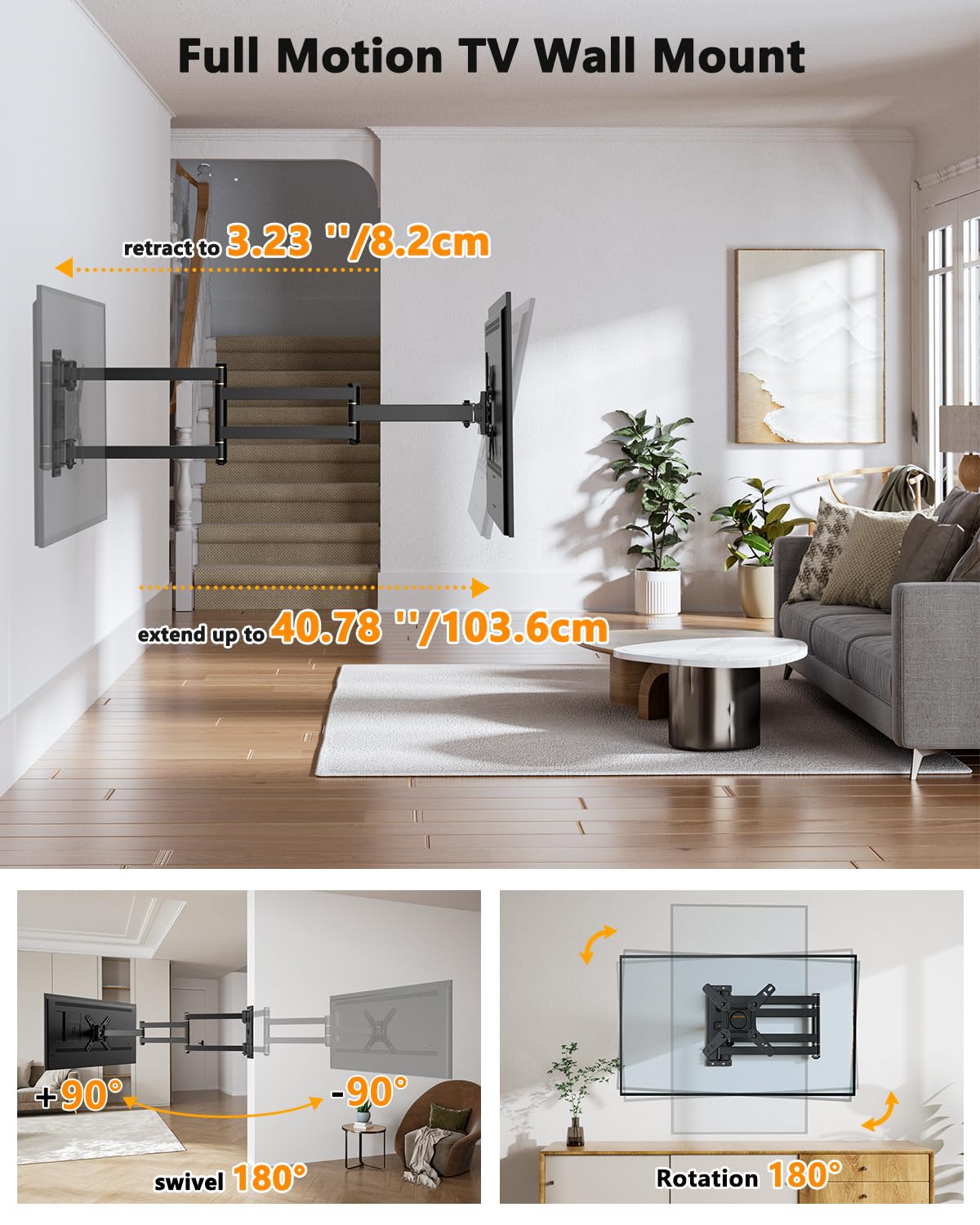 HOME VISION Tv-muurbeugel met lang bereik voor 17-42 inch flat/gebogen schermtv's, 360 ° rotatie 180 ° draaibaar 55,6 cm uitschuifbaar, 36 lbs/15 kg capaciteit, Max VESA 200 x 200 mm