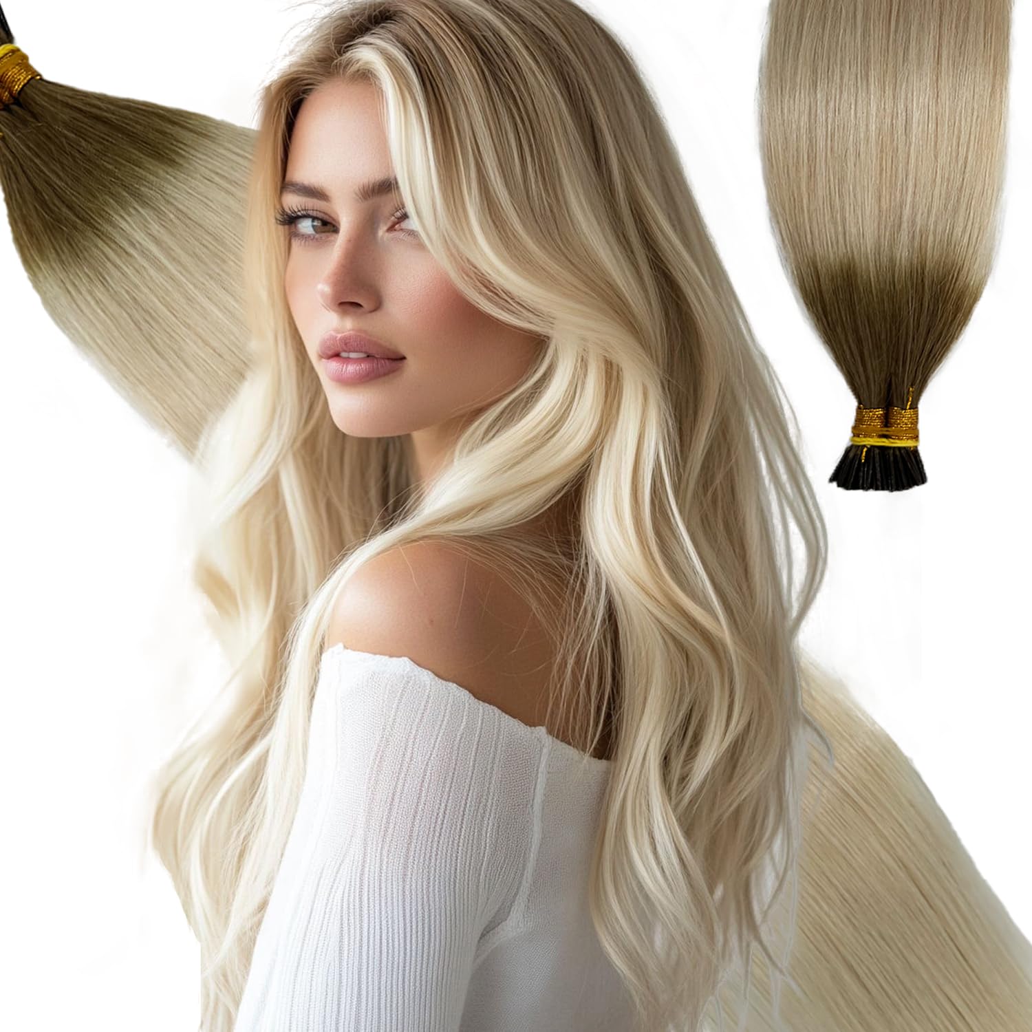 Belaved 4T12P4 Itip Human Hair Extensions Real Remy Extensions Straight Seamless Invisable Balayage Medium Brown to Light Gold for Long Hair Ultra Soft Lighweight18inch 50g