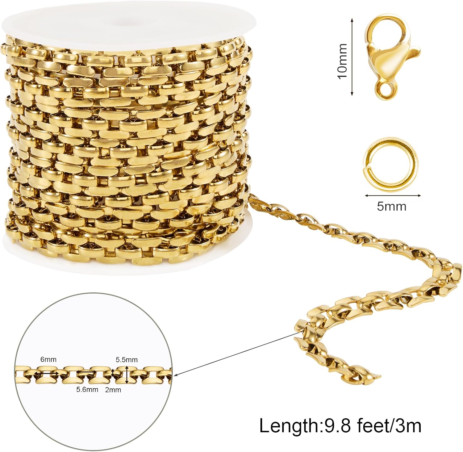 SMYHTGLIF 9.8 Feet Gold Chain for Jewelry Making Stainless Steel Chain Bulk Square Jewelry Making Findings