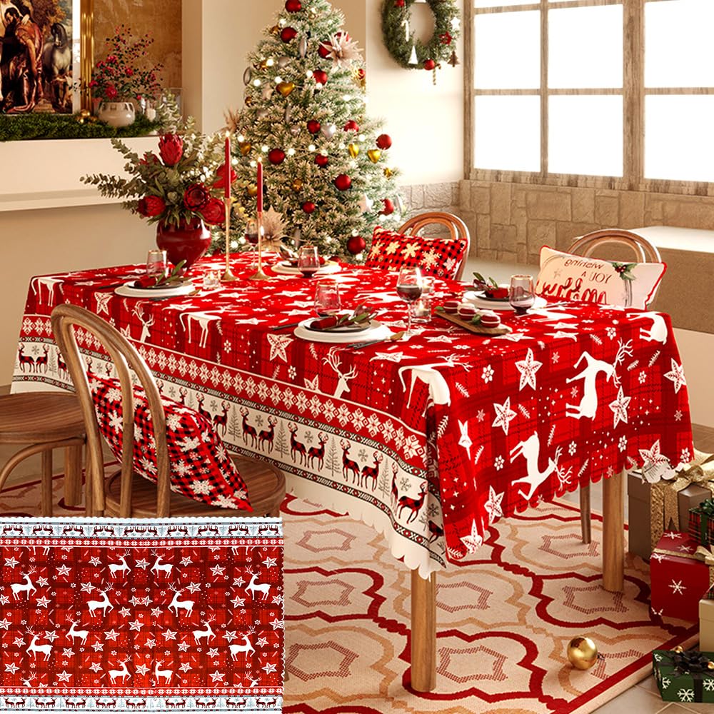 DTYGUIXE Mantel de Navidad Antimancha y Impermeable, Mantel Navideño Rectangular de 180 x 140 cm Mantel de Navidad Rojo con Estampados de Ciervo Árbol Copos Estrella Decoración para Cena de Navidad