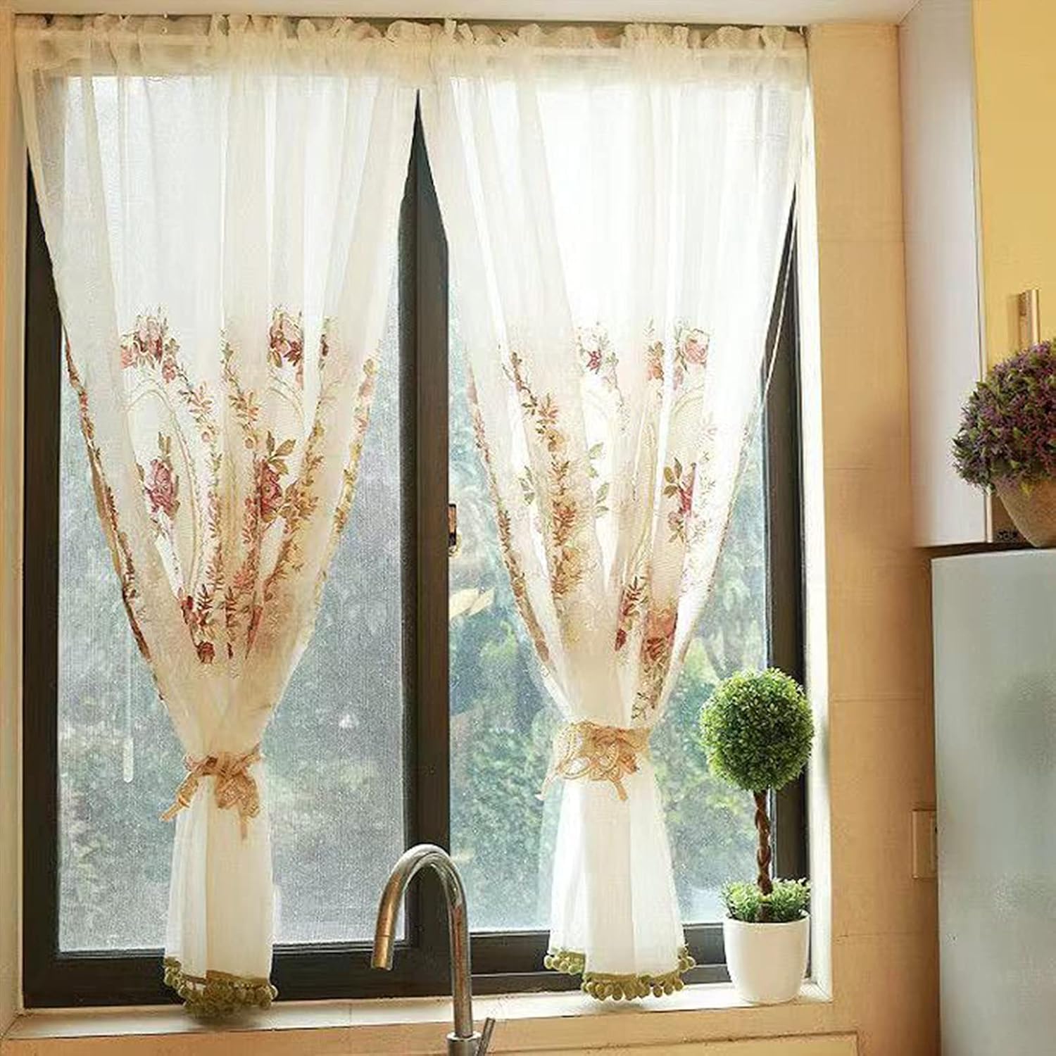 Kitchen Curtain Voile Cafe Curtain,Country Style Bistro Curtain,Modern Short Blinds Curtains Transparent Curtains Valance,Window Treatment Tiers Curtains for Living Room Bedroom Ki