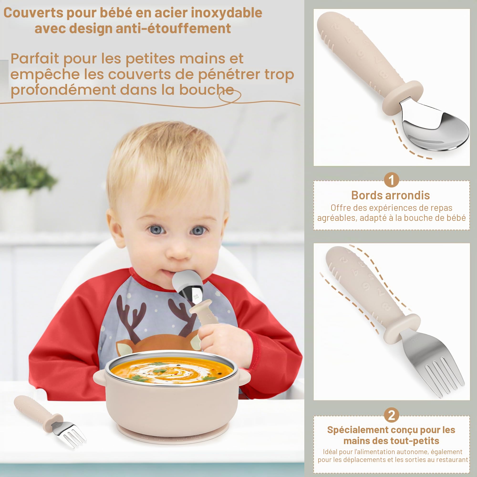 Set de vaisselle pour bébé en acier inoxydable avec ventouse, 6 pièces en acier inoxydable avec assiette, gobelet d'apprentissage, bavoir pour bébé avec manches, cuillère, fourchette, bol, sans