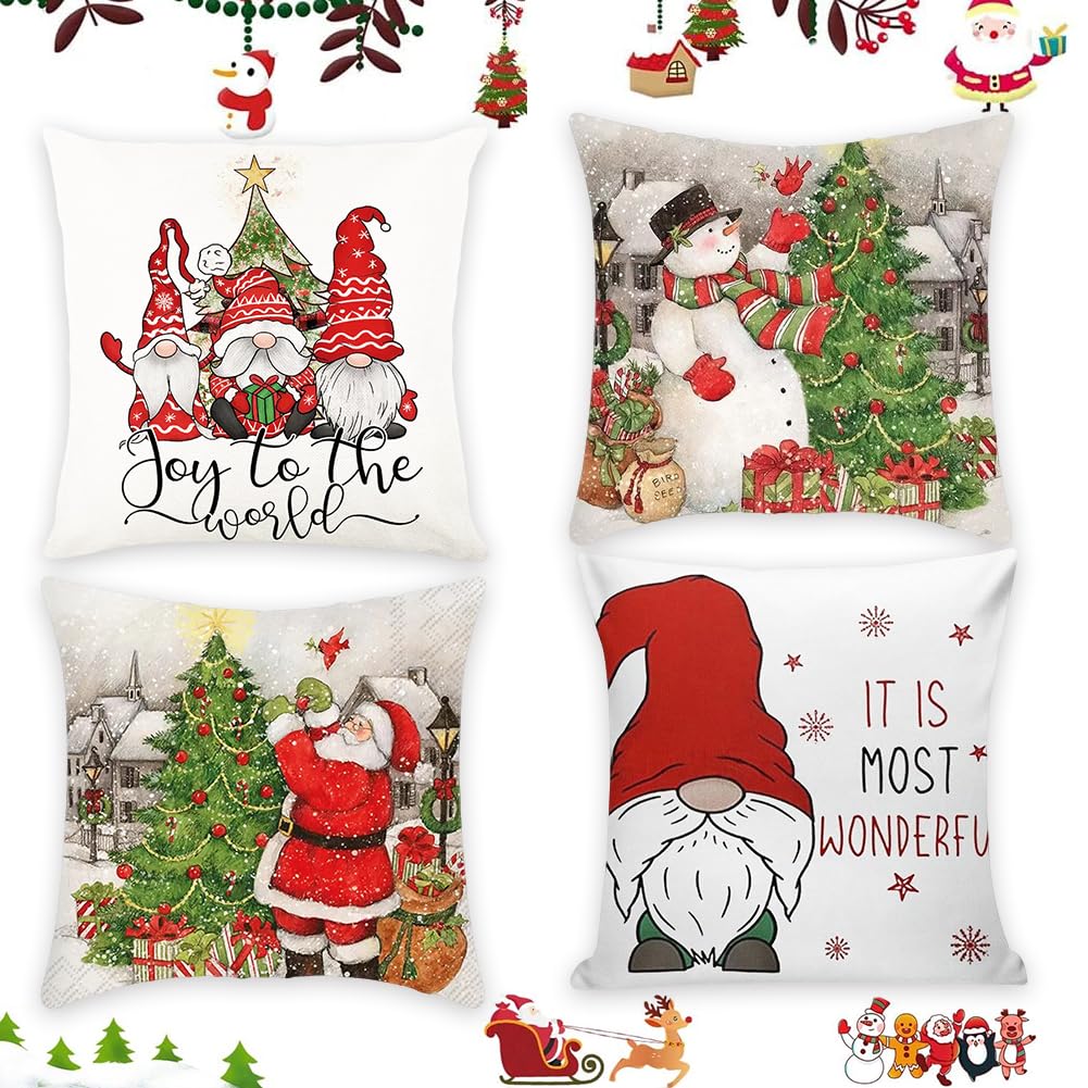 Wfkkmeq G Christmas Cushion Covers Set, 4Pcs Santa Claus Decorations Pillow Cases Christmas Sofa Couch Pillowcases Xmas Decorative Pillow Case Coverholiday Decor Cushion Case Sofa Couch Livin Room(45X45cm)