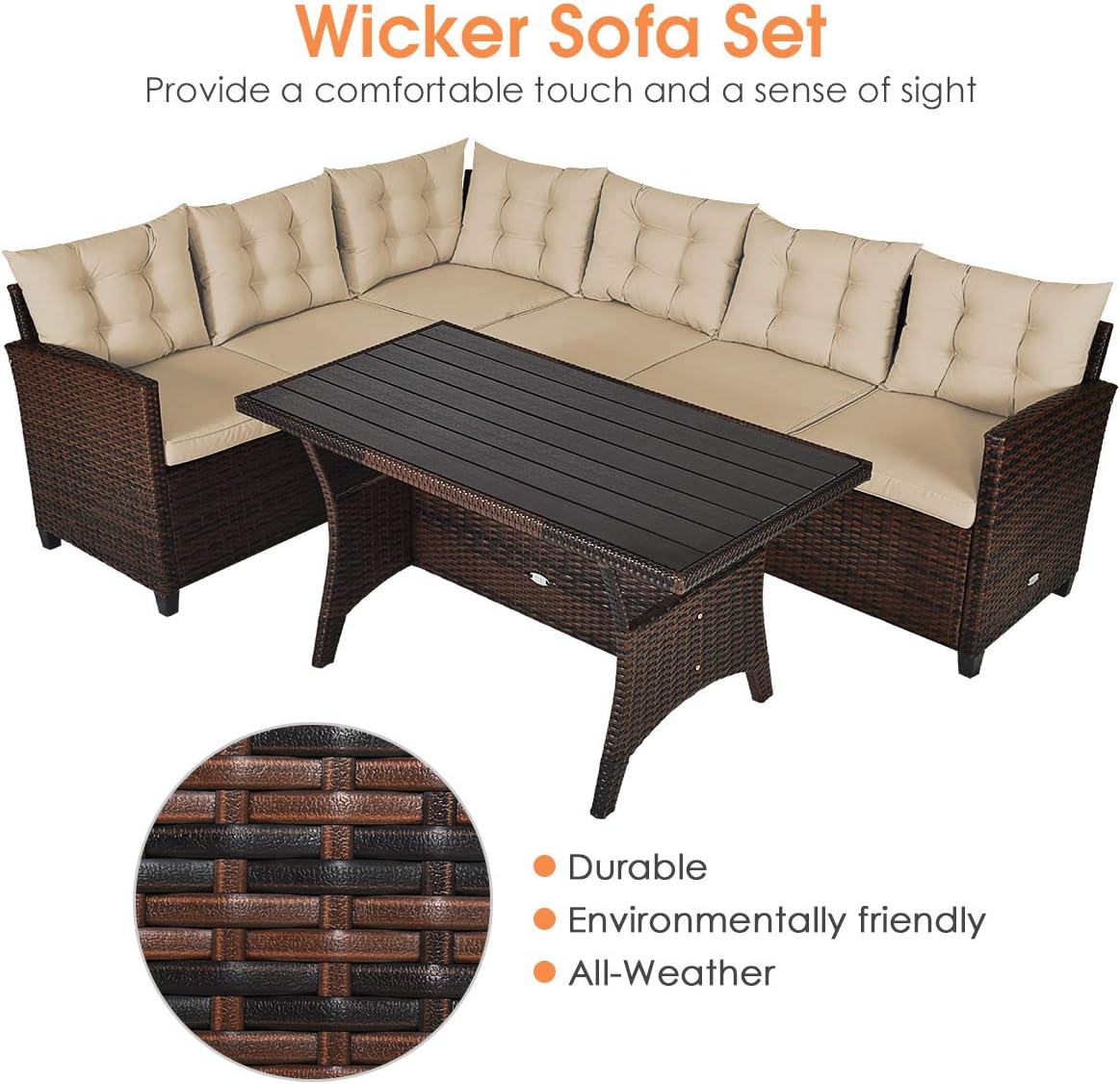 HAPPYGRILL 3-Piece Outdoor Patio Furniture Set Rattan Wicker Sofa Set with Seat & Back Cushions, Manual Weaving Conversation Set with Coffee Table for Patio Garden Backyard