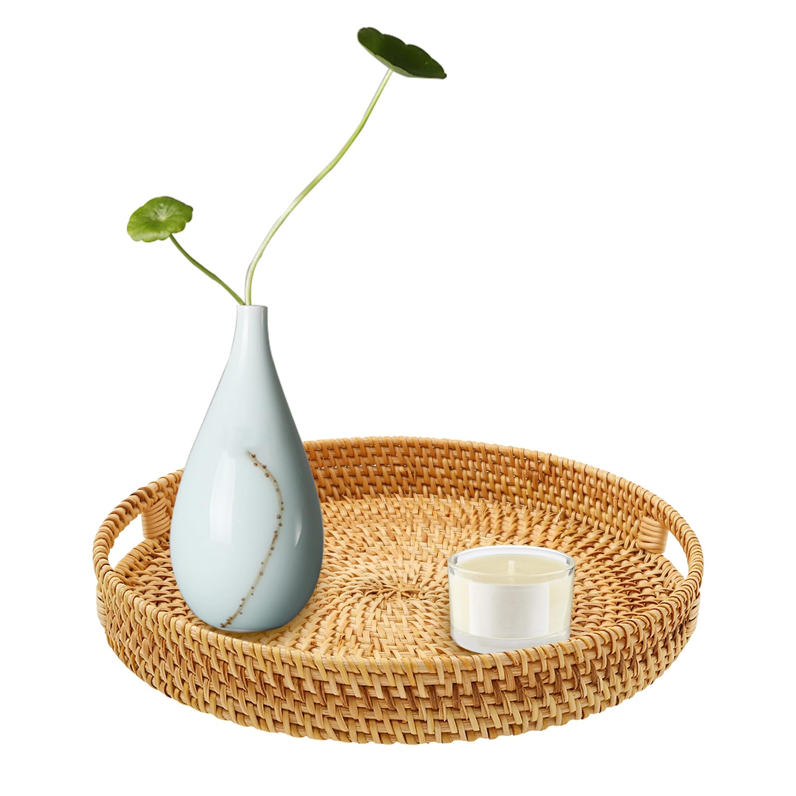 Round Rattan Woven Serving Tray, 30cm Decorative Table Organiser Fruit Woven Platter with Handles, Desktop Food Basket for Snack, Bread, Drink, Breakfast, Candle