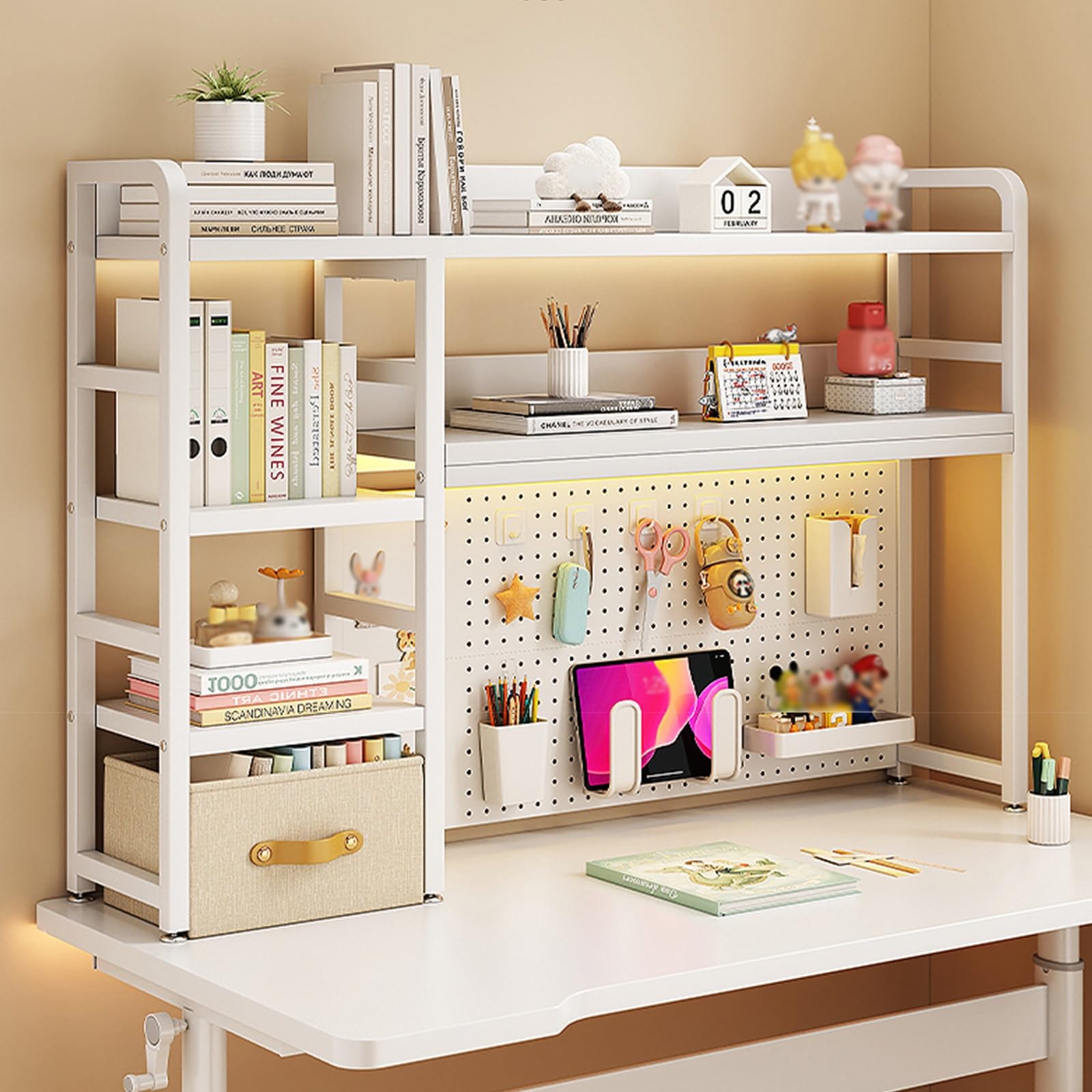 Boohelf de escritorio blanco de 135 cm, estante multiusos Slish, estantería de tablero de clavijas para dormitorio y oficina en casa, organizador de escritorio que ahorra espacio para estudiantes