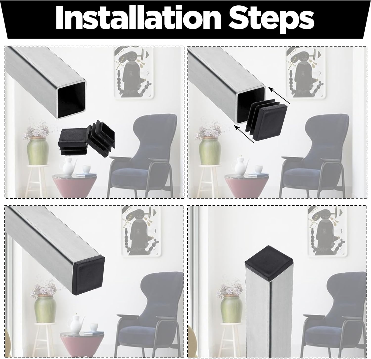 16 Pcs 1" Square Tubing End Caps, Square Tube Plastic Plugs Furniture Leg Insert Tube Plugs Black Chair Glide Finishing Plug for Fences, Chair Legs
