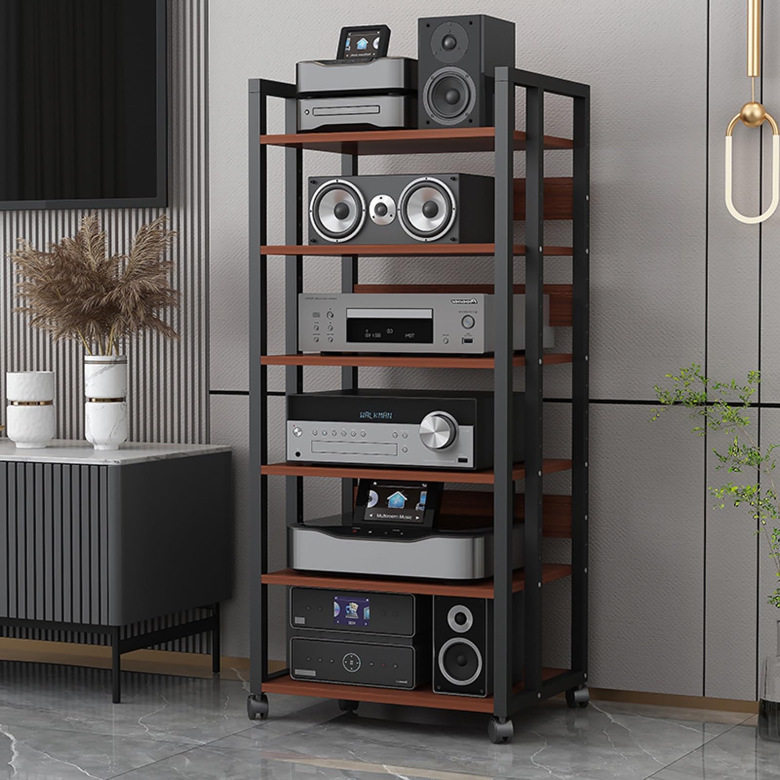AV-Ständer mit 6 Ebenen, Holzregalen und Stahlrahmen, modernes Medien-Regal für Zuhause/Büro/Theater, Rage Cabinet für CD/DVD-Player und Unterhaltungssysteme