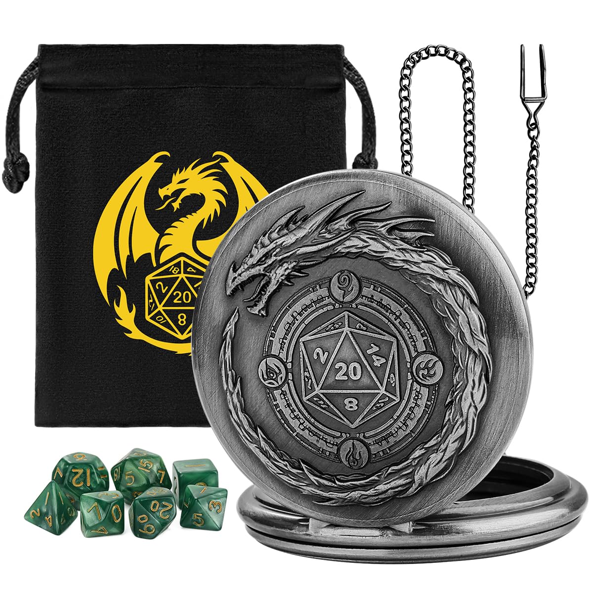 Mini DND Dice Set, 7pcs Polyhedral Acrylic Dice Set, with Steampunk Dragon Large Pocket Watch Case, DND Starter Set, DND Gift Bag with Dragon Logo, Role Play Board Game Accessories, Silver + Green