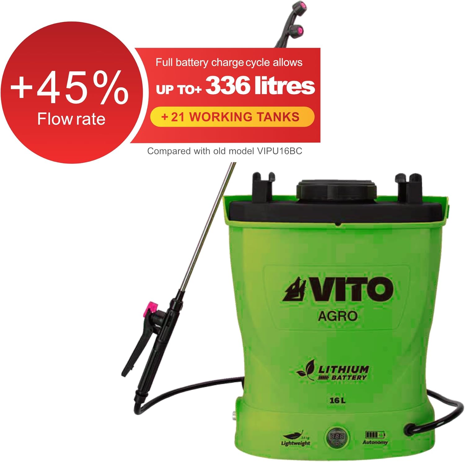 VITO VIPU16BC1 sprayer with flow rate and battery capacity details