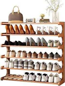 Bamboo Shoe Rack 6-Tier Shoe Storage Organizer Entryway Shoe Shelf Open Desk Shelves Desk Top Organizer Shelf Multifunction Storage Rack Display Shelf Bookshelf for HomeSize50CM