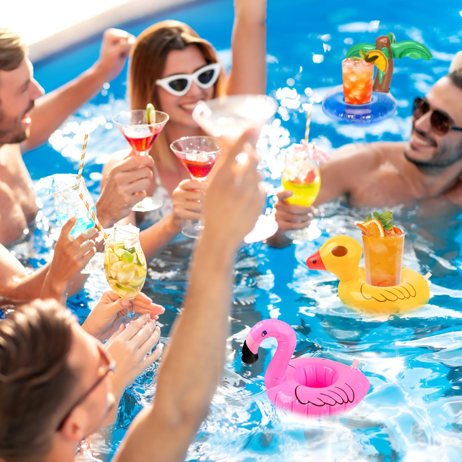 Aufblasbare Getränkehalter Mini Flamingo Palme, 9-teiliges Set mit Luftpumpe für Sommer, Hallenbad, Freibad, Strand