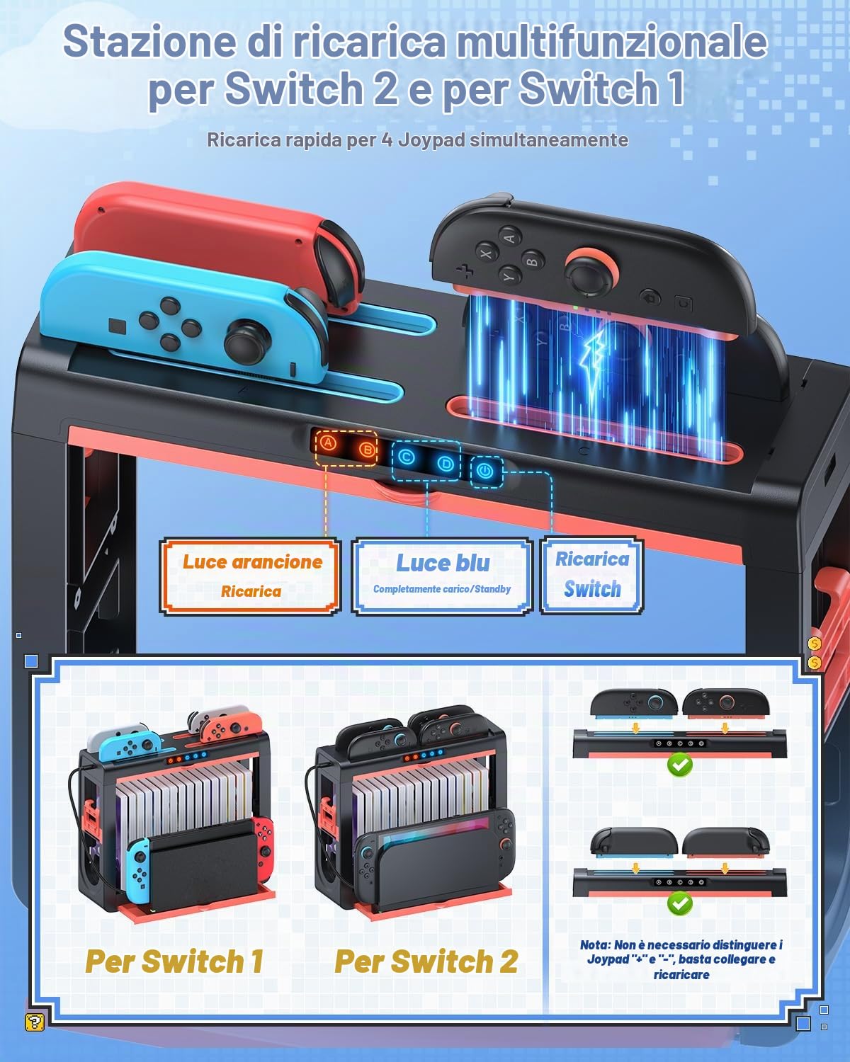 Stazione di ricarica per Switch 2/Switch 1/OLED per JoyCon, FASTSNAIL Giochi di Stoccaggio Compatibile con Nintendo Switch 2/1/OLED, Accessori per Switch 2/Switch 1/Switch OLED