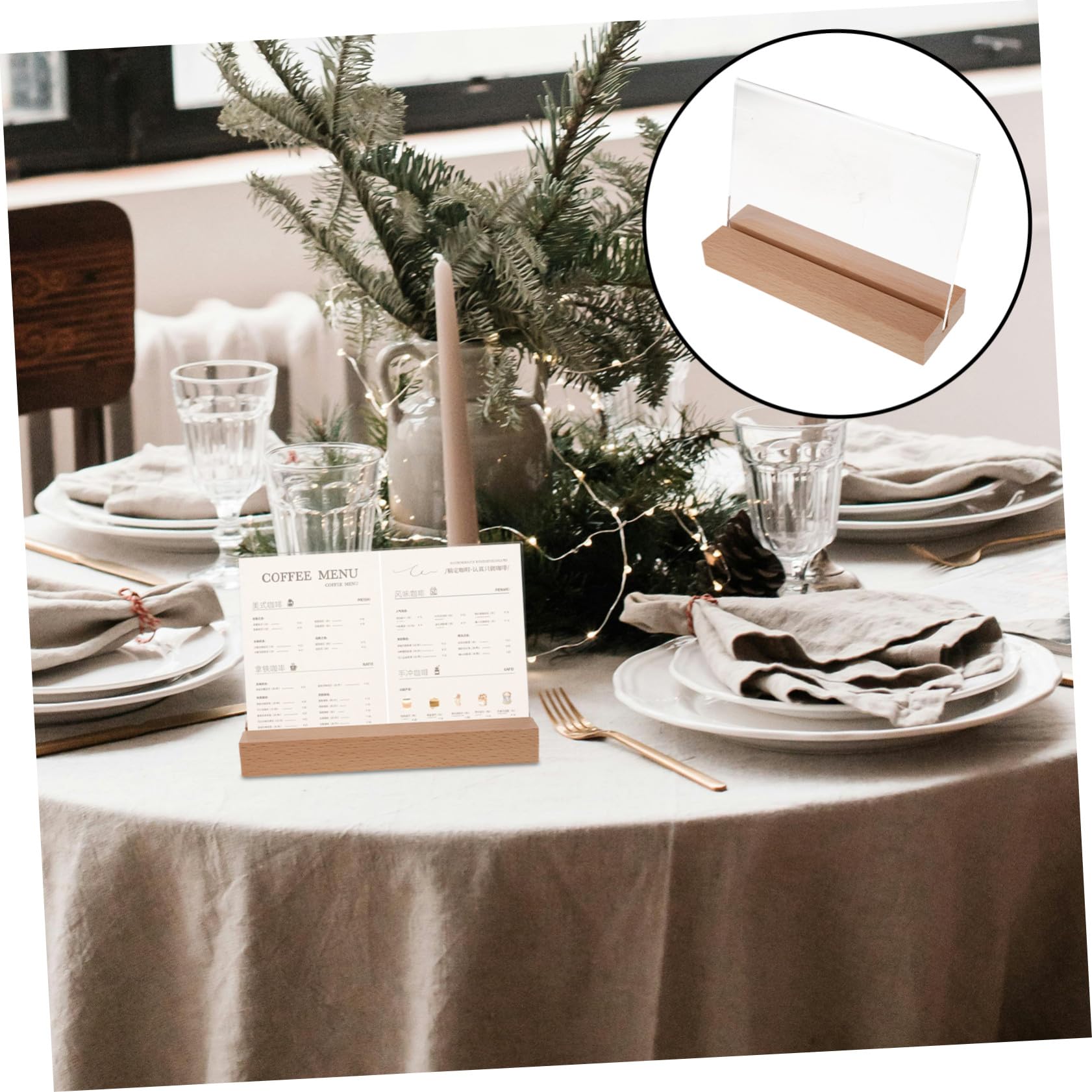 Soporte para Letreros de Escritorio con Base de Madera, Acrílico Transparente, Diseño Horizontal Estable, Adecuado para Oficinas y Restaurantes, Paquete de 5 Unidades