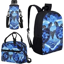 Blue Sea Turtle Print Backpack Set for Boys Girls, Hibiscus School Bag with Lunch Box & Water Bottle Sleeve, 3 in 1 Daypack Set for Outdoor Camping Travel Picnic