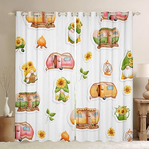 Manfei Cortinas de ventana de campamento para niños, cortinas de ventana de girasol amarillo para decoración de habitación de niños y niñas, cámper,