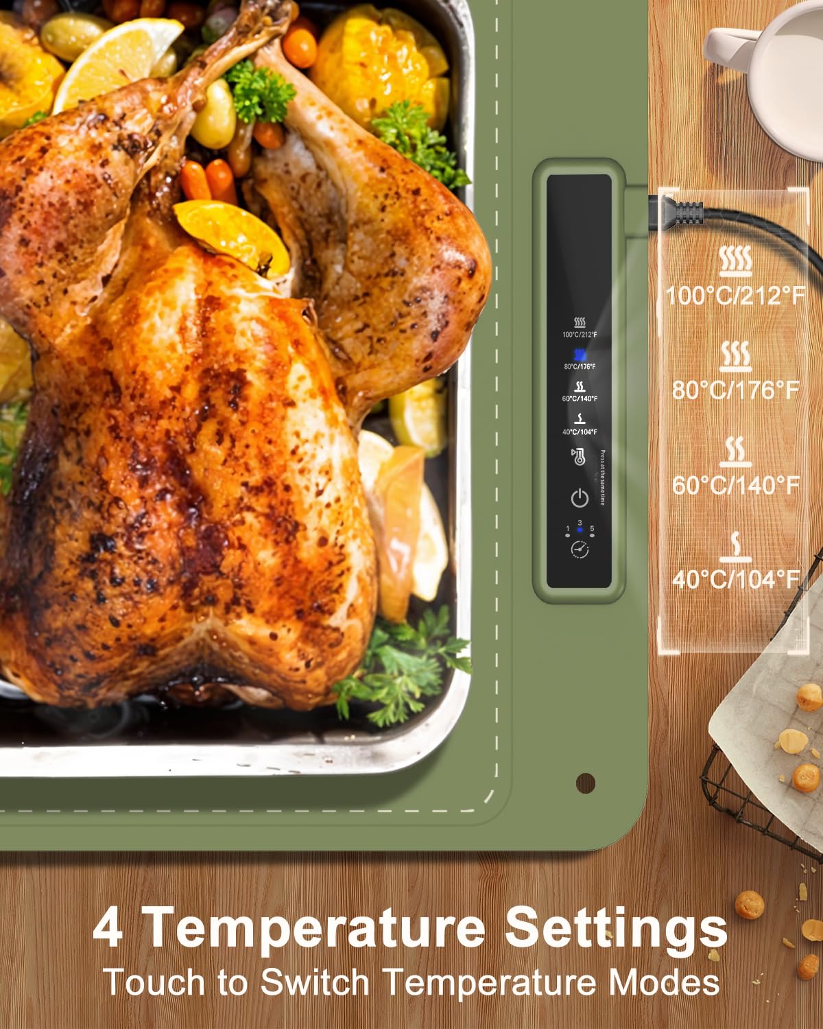 Mojimdo Warming Plate Wärmeplatte für Speisen – Lebensmittelechtes Silikon, 3 Temperaturstufen, vollflächige Erwärmung, flexibel aufrollbar & aufhängbar, ideal für Zuhause, Buffets & Partys – Grün