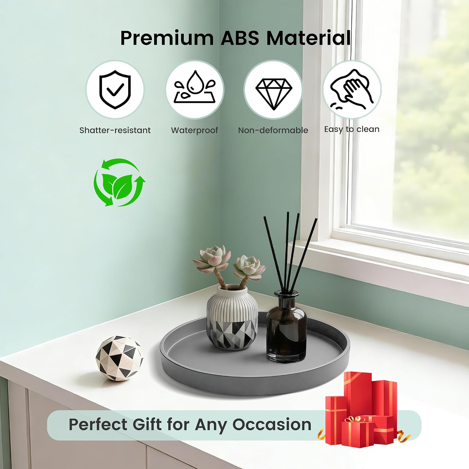 1 Pack 9" Bathroom and Vanity Tray, ABS Bathroom Counter Organizer, Coffee Table Decor for Perfume, Candles, Keys &More. Kitchen Countertop Organizer, Decorative Tray Soap Holder, Grey image 5