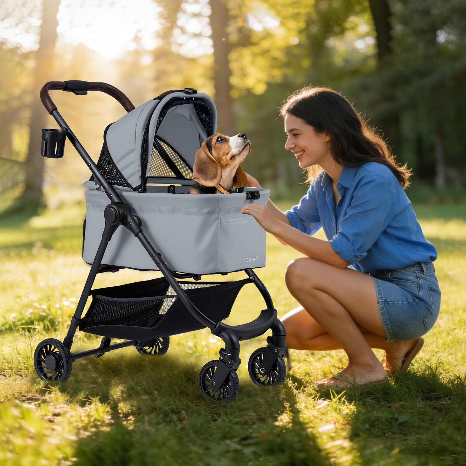 COSTWAY 3 in 1 Hundewagen, Hundebuggy mit verstellbarem Netzdach & Korb & Getränkehalter, Haustiere Buggy bis 15 kg, Hundebox Transporttasche klappbar, für Hunde Katzen Haustiere, Metall (Grau)