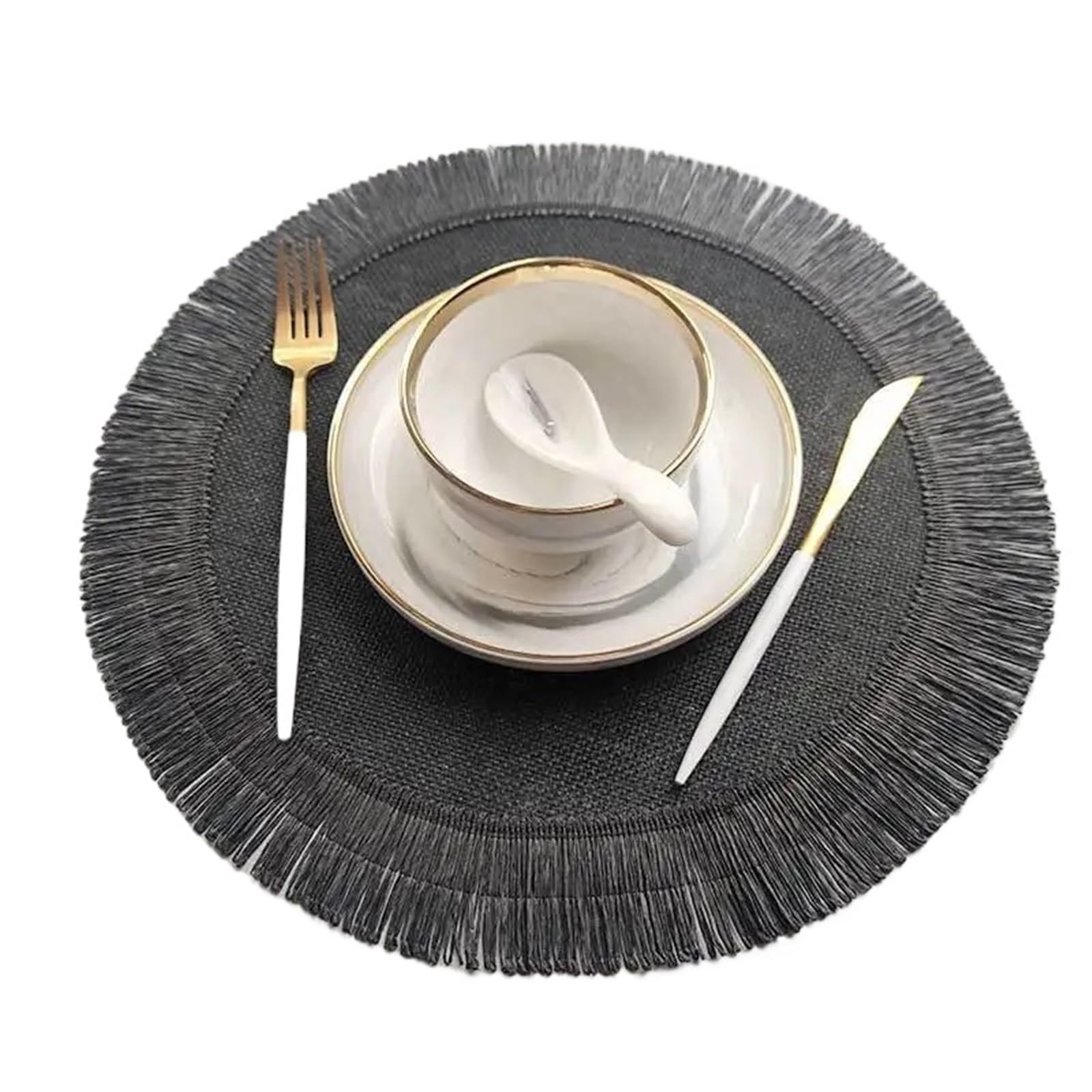 Woven Placemats Round Braided Placemats Fringe Paper Table Mats Hand Woven Non-slip Insulation Place Tea Cup Pad(Black,1 PCS_38CM)