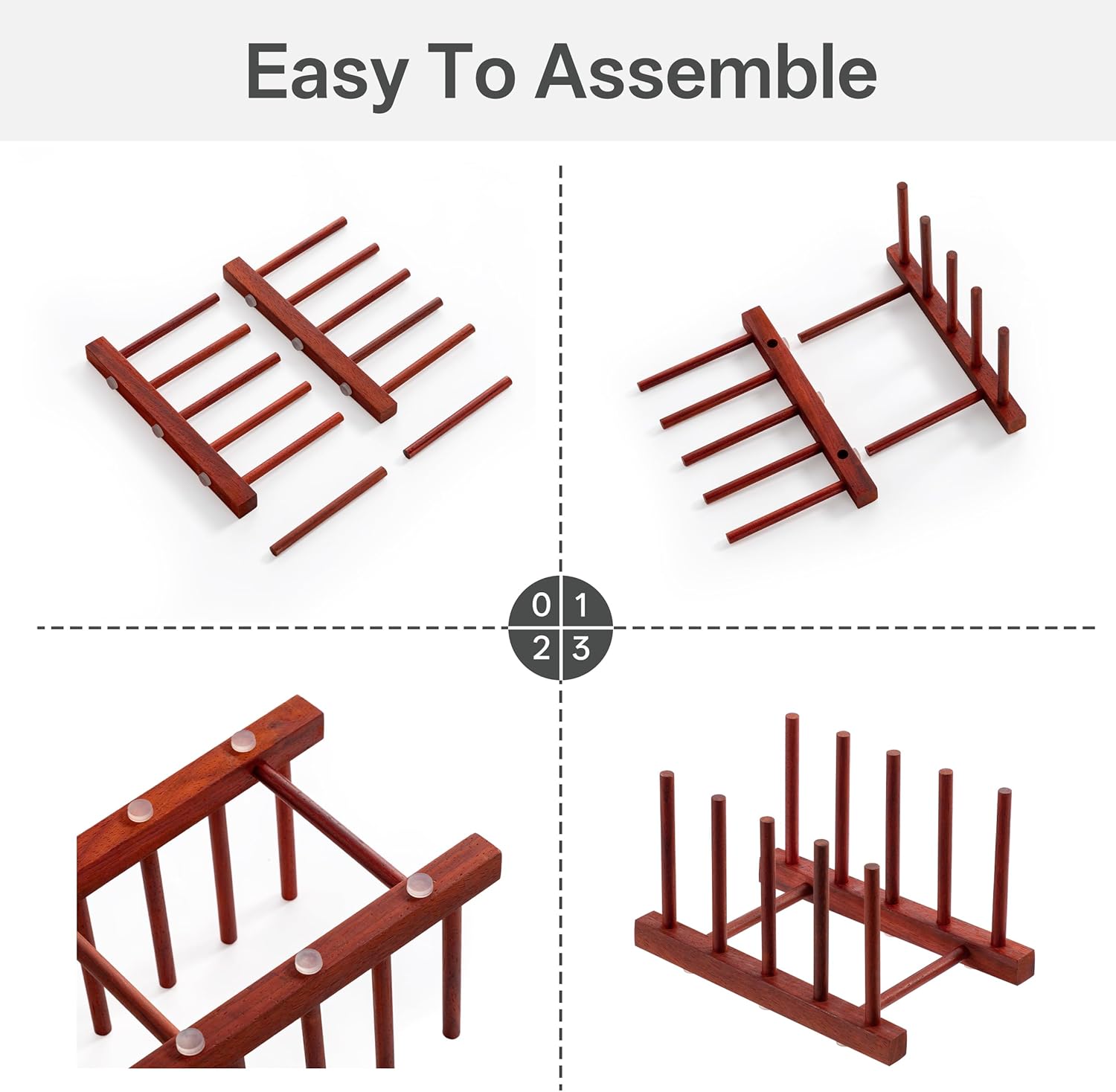 HBlife 4pcs Padauk Wooden Dish Drying Rack - Home and Kitchen Organizer for Cups, Bowls, Pots, Lids, Cutting Boards & Plates Space-Saving for Cabinets Counters (4 Slots)