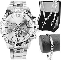 Orizom - Relógio Masculino Aço Prata Prova D'água Resistente Pulseira Cordão Cruz Presente Homem Social Casual