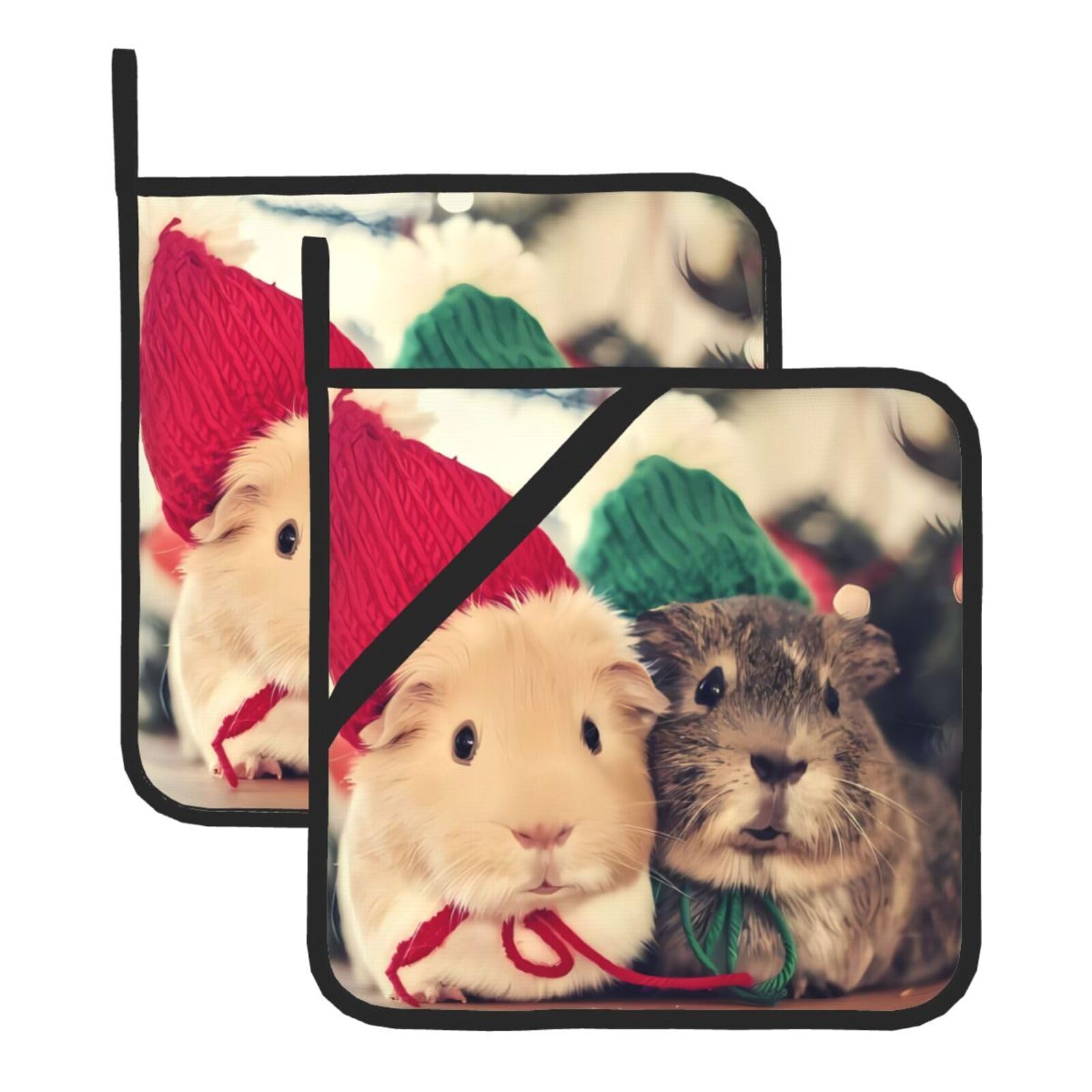 Hjfczh Black Cute Guinea Pigs Prints Square Hot Pads Set Of 2 - Waterproof Kitchen Covers For Pots & Pans, Heat Resistant Layers With Hanging Loop - Great For Oven & Bbq