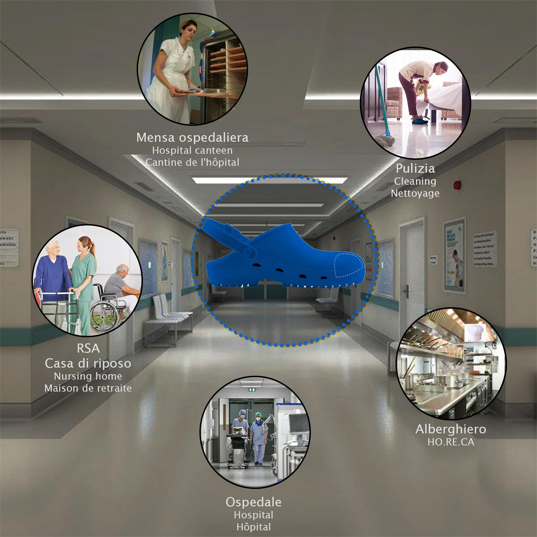 REPOSA Safe - Zuecos Sanitarios Mujer y Hombre en Goma, Zapatos Sanitarios Anatómicos con Correa Trasera Ajustable, Suela Antideslizante, Puntera de Seguridad, Zuecos Enfermera Antishock Transpirables