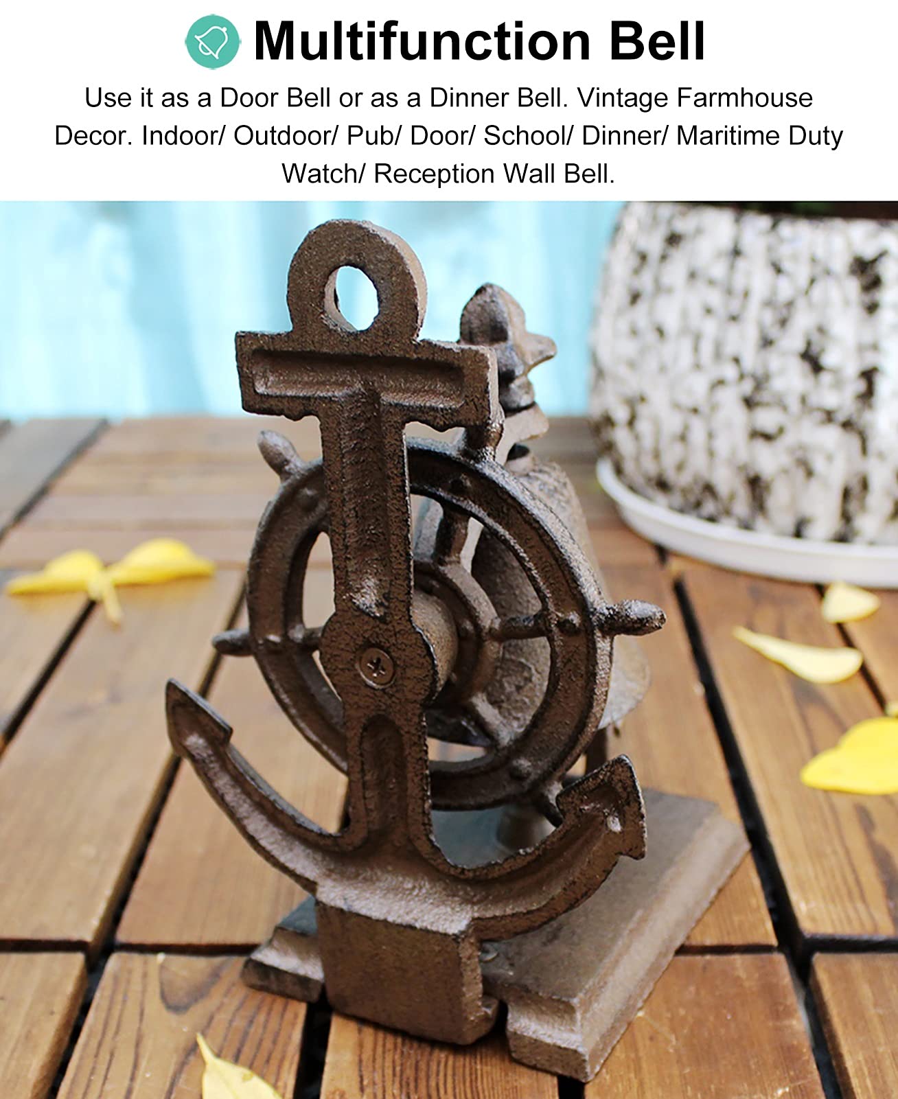 Campana de pared retro de servicio de metal Timón de acero, adorno de anillo de mano de barra elegante y adornado, estilo tradicional Pub cena, campanilla