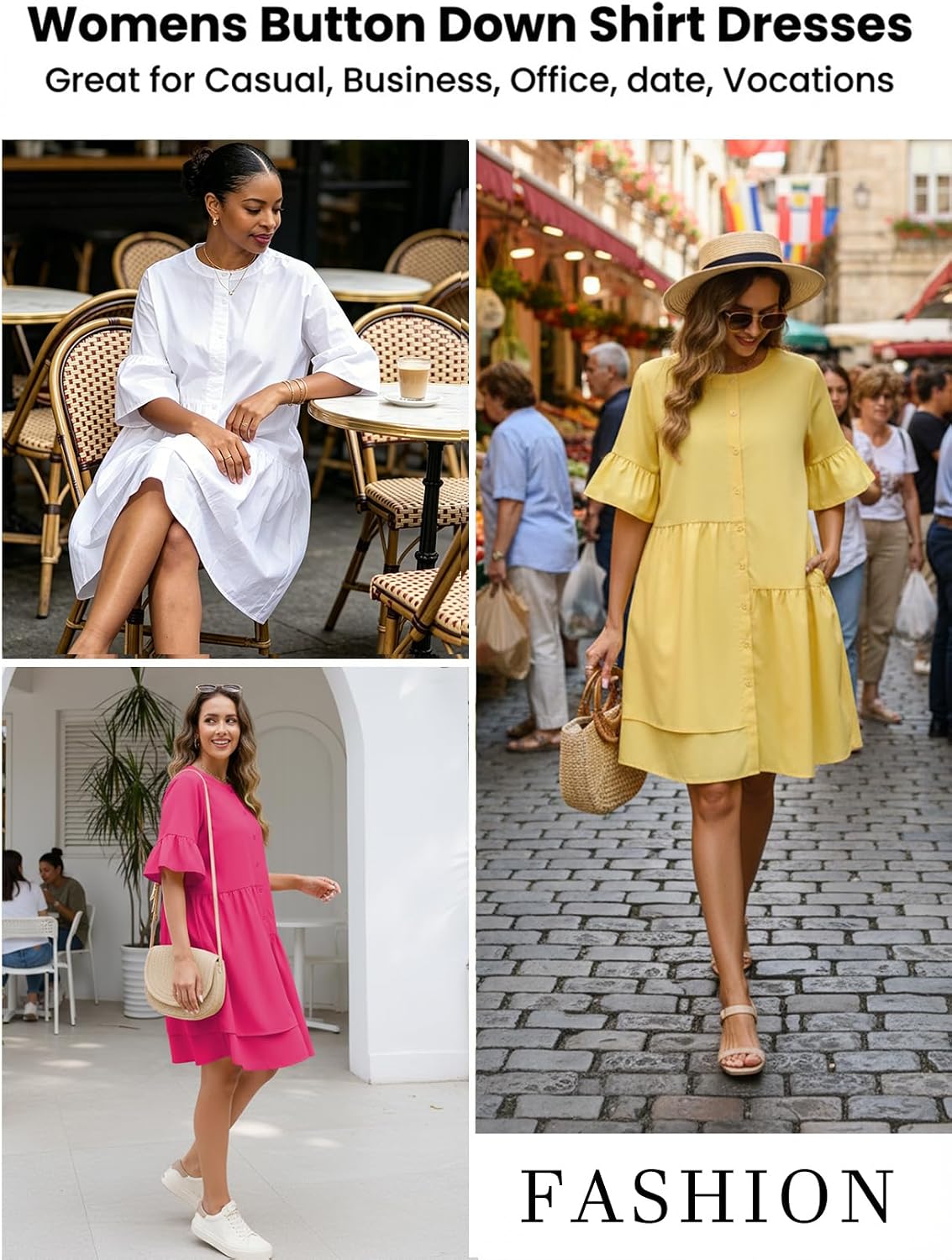 Choichic Button Down Shirt Dresses for Women Bell Sleeve A-Line Midi Dress image 5