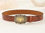 Western PU-Leather Cowboy Ceinture de boucle et femme Jeans gravés Floral Longhorn Ceintre de boucle de taureau (27-40" taille) pour homme