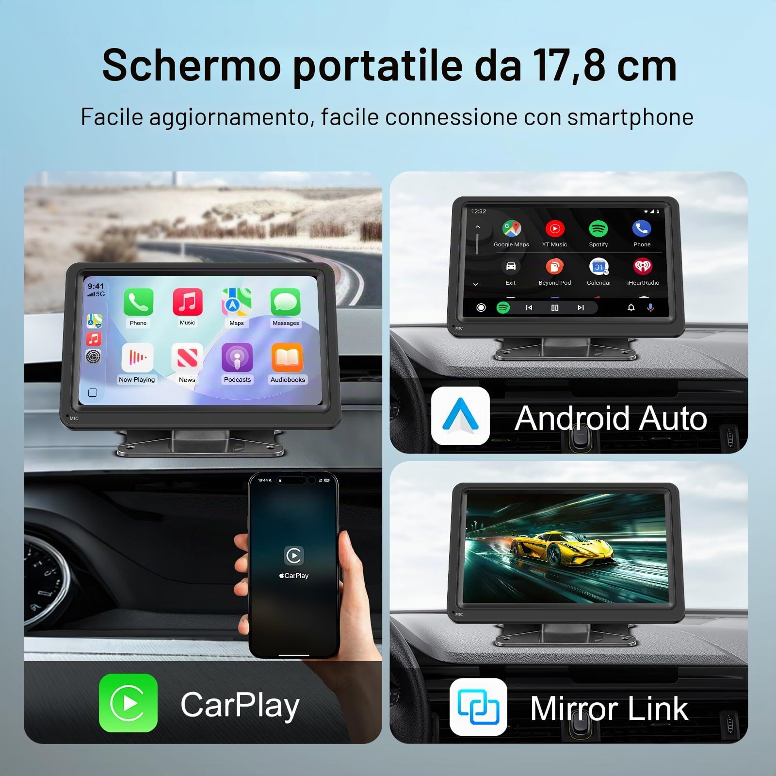 Display portatile CarPlay wireless 7" IPS per auto con Android Auto | Schermo touch IPS modalità giorno/notte Bluetooth trasmettitore FM AUX MirrorLink compatibile 12-24V e connessione