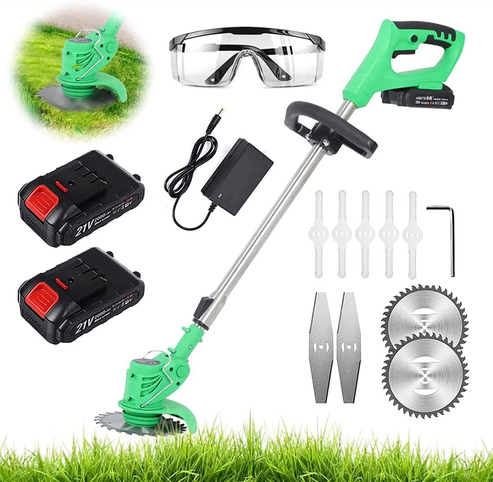Recortadora de césped, cortadora de hilo eléctrica inalámbrica, cortadora de césped, kit de desbrozadora de césped, cortador de poda, herramientas de jardín con baterías de 21 V 650 W y hoja de repue