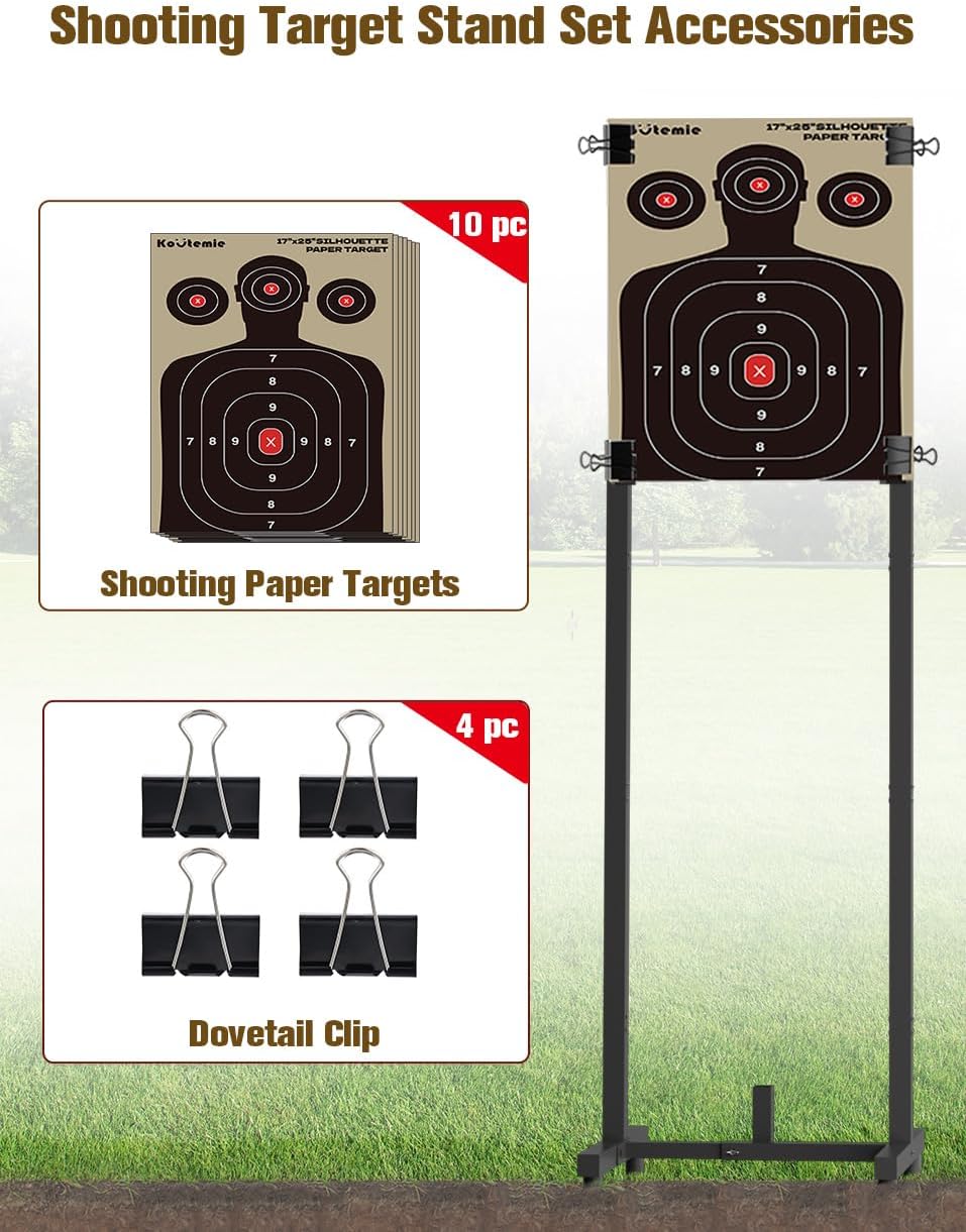 Koutemie Outdoor Shooting Target Stand with 10pcs 17x25 Inch Paper Targets, Heavy Duty Range Target Holder with Adjustable Base for Cardboard Silhouette, H Shape, Black