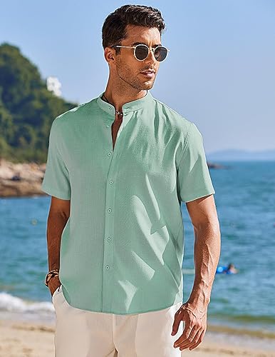 Miniatura 3 de COOFANDY Camisas casuales con botones para hombre, manga corta, cuello de bandas, camisas de vestir lisas para verano y playa