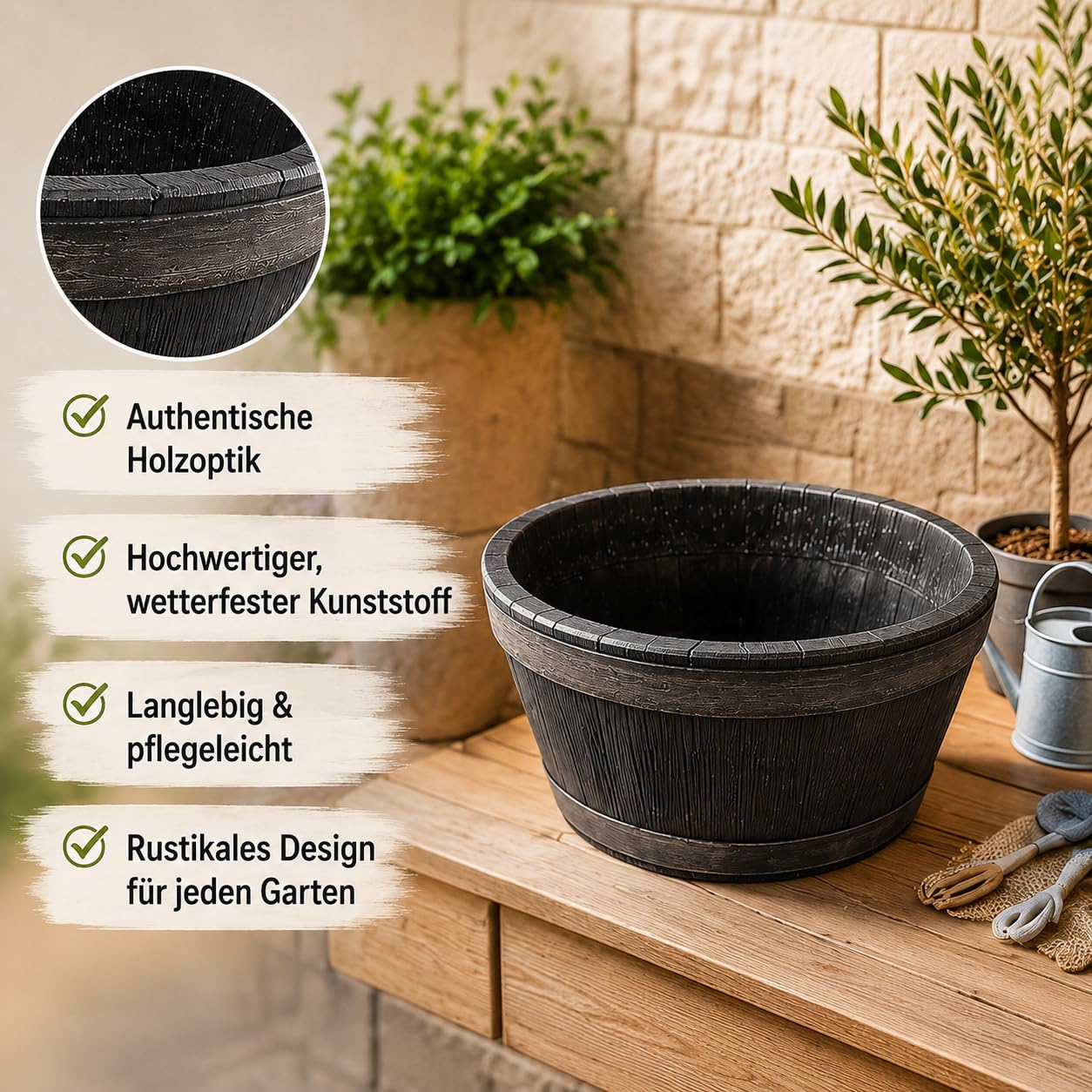 BigDean Weinfass Eichenfass Kunststoff Bottich Blumenkasten Trog Zuber Gartenteich Mini Teich Fass Nachbildung Durchmesser 50 cm Höhe 25 cm ca. 38 Liter