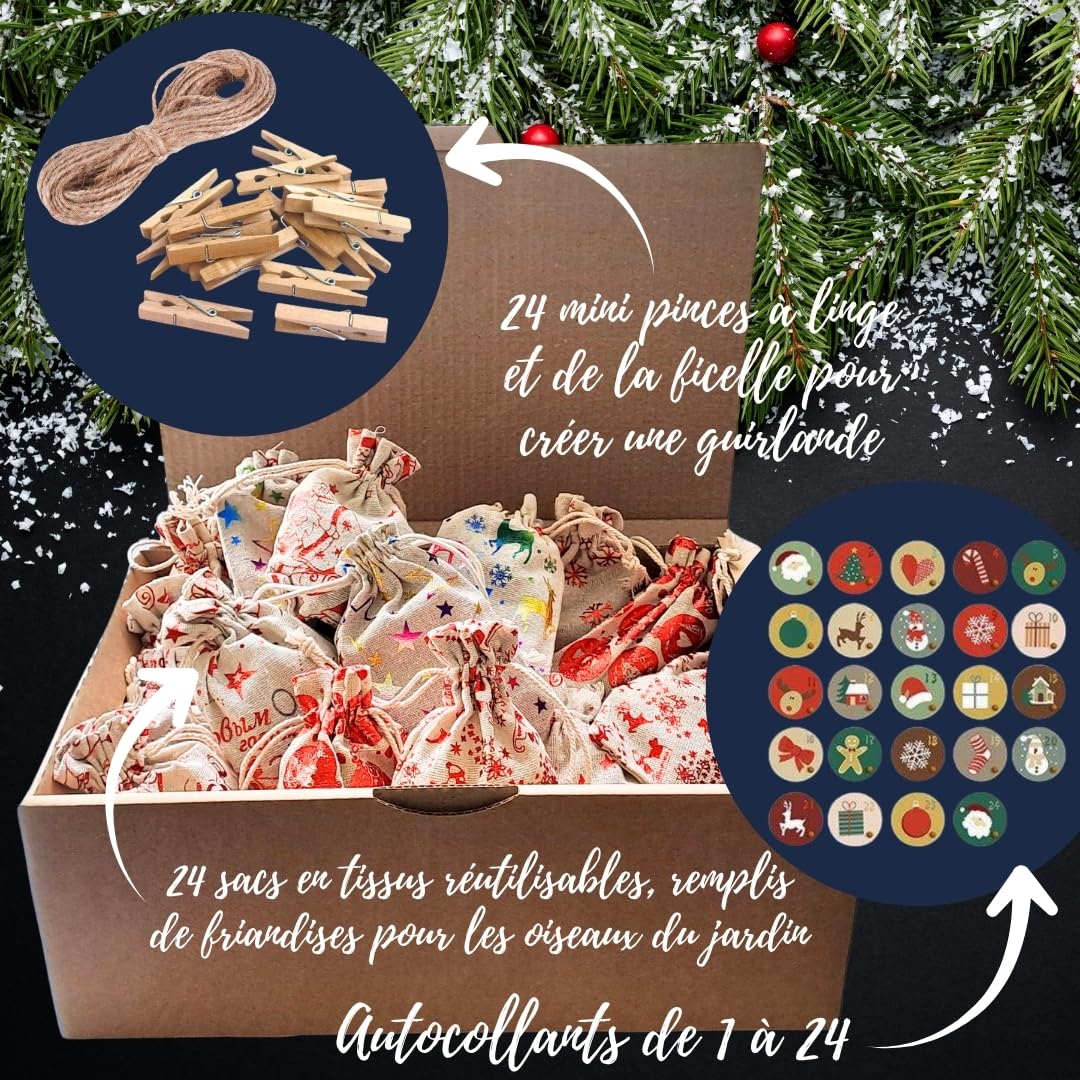 Calendrier de l’Avent pour Oiseaux du Jardin ANI’Nat – 24 friandises Naturelles sans Filet – Graines, céréales, Insectes, Boules de Graisse – Nourriture hivernale avec mangeoire