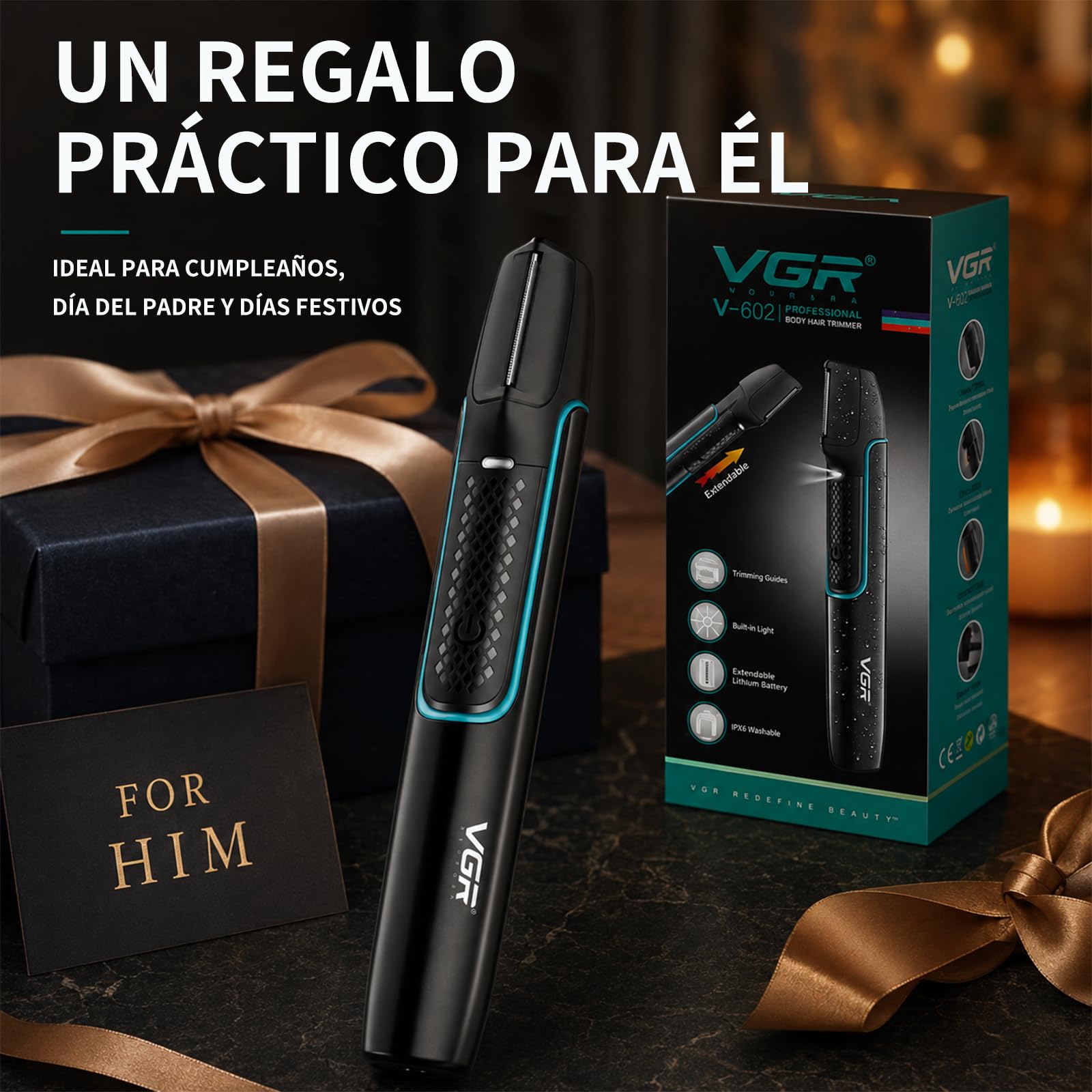 VGR 602 Afeitadora Corporal para Hombre, Cabezal en V, Extensible, IPX6 | Body Groomer con Diseño de Varillas Extensibles, Recortador con 4 Accesorios, Carga USB