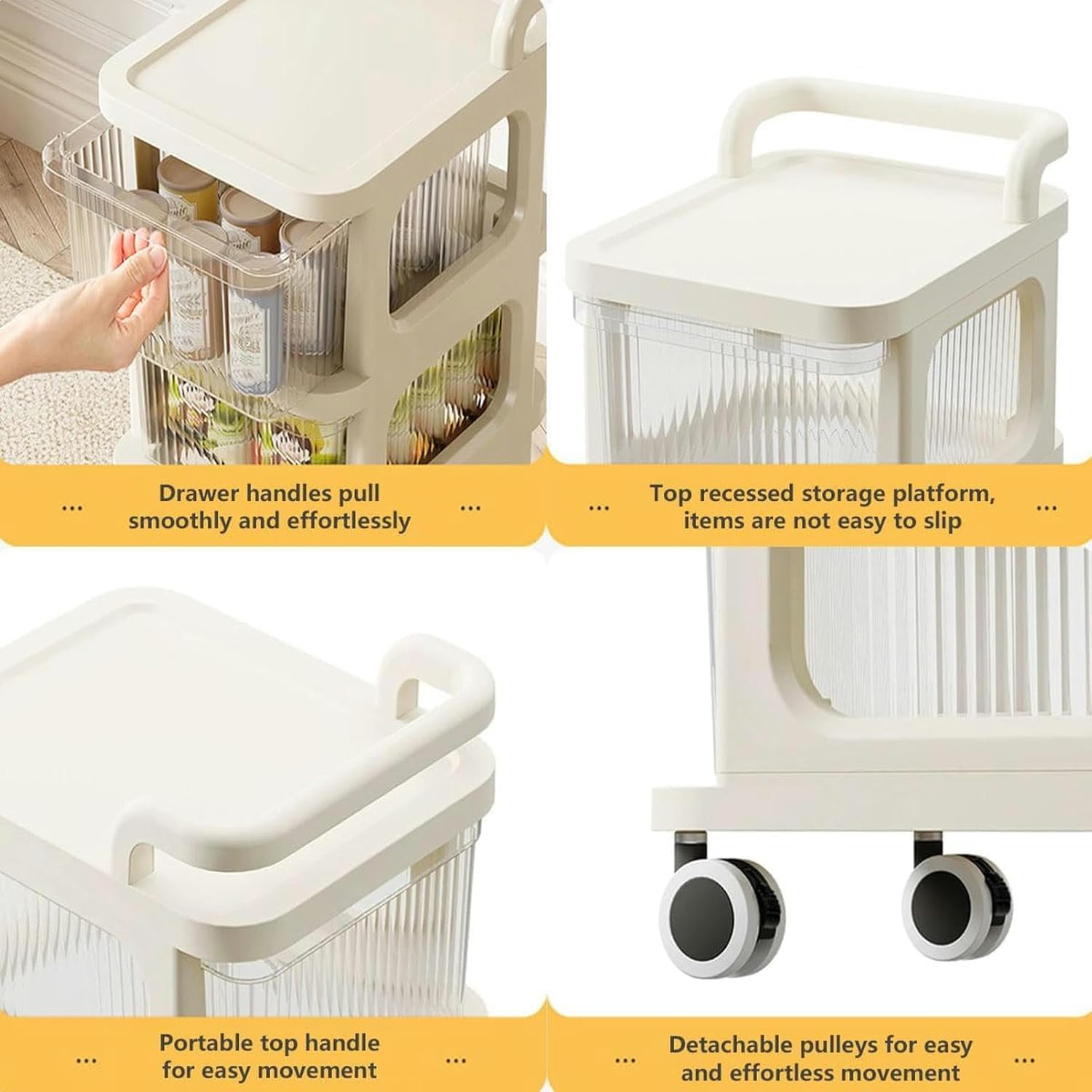 Close-up images showing the smooth drawer pull, recessed top storage, portable top handle, and detachable pulleys for easy movement.