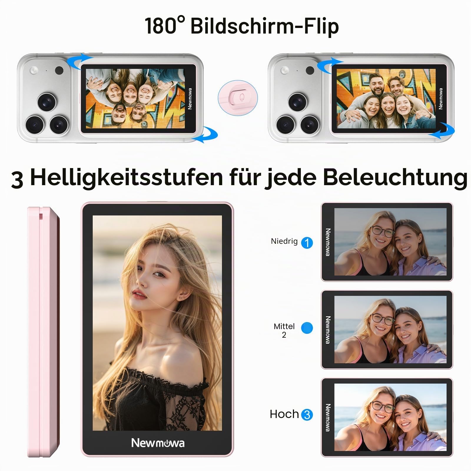 Newmowa Rosa magnetischer Telefon Vlog Selfie Monitorbildschirm, 1080P Drahtlosaufnahme, Telefon Rückkamera für Selfie Vlog TikTok Livestream, Kompatibel mit iPhone (Support 4k 30fps Wired Recording)