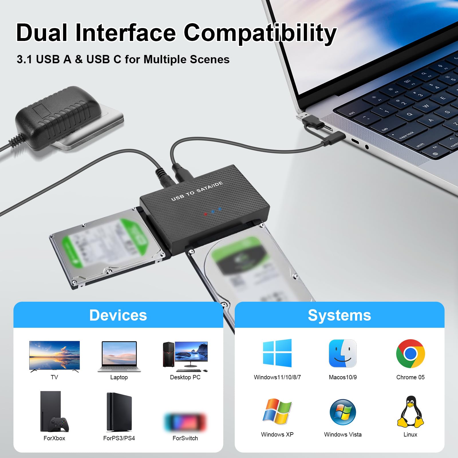 6Gbps Adaptador USB IDE, Adaptador Lector Discos Duros USB3.1 para 2,5'' y 3,5''IDEy SATA HDD/SSD,ConversorAdaptador de Disco Duro USB3.1 a IDE/SATA para Windows/Linux/MacOS
