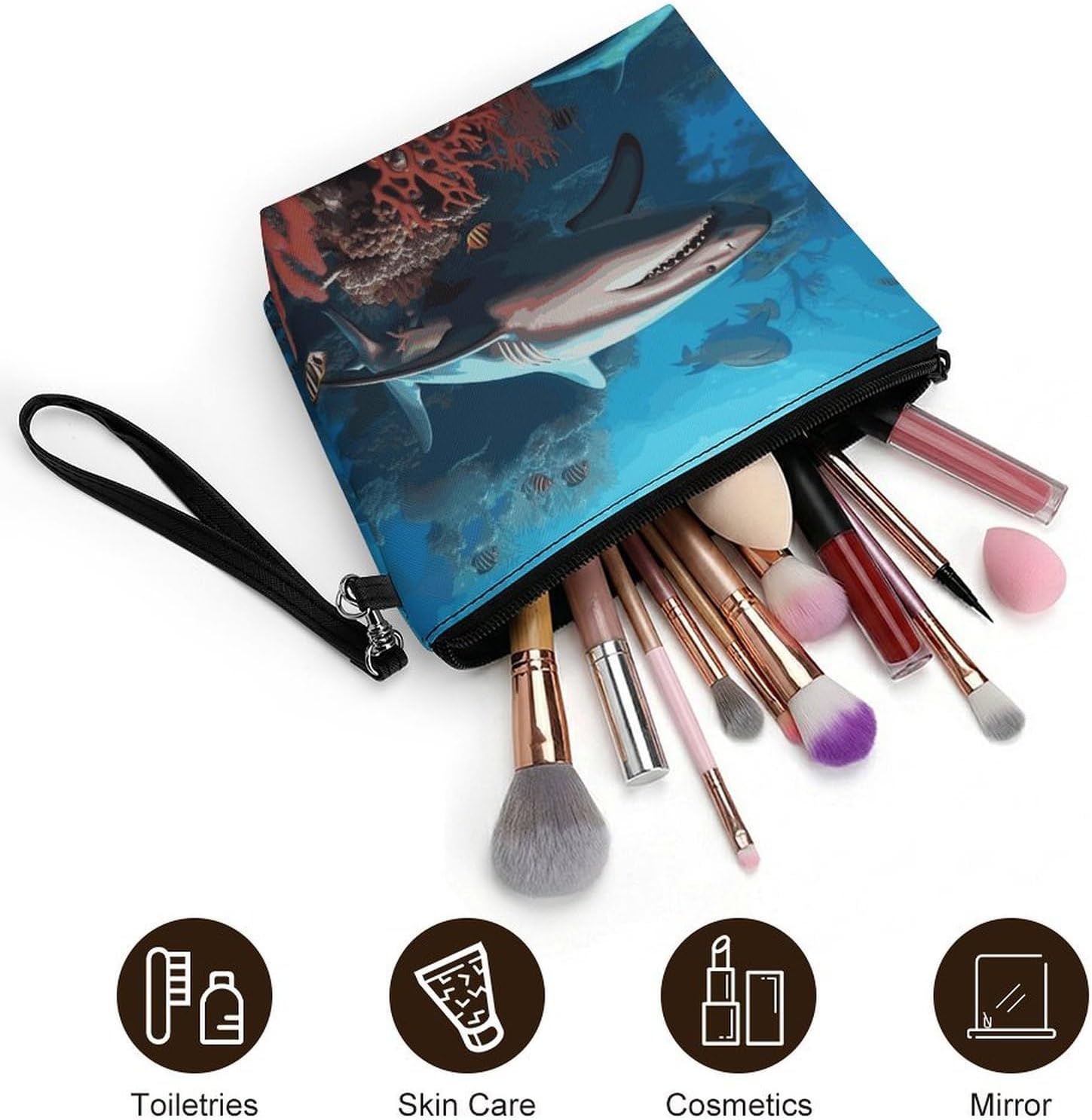 Submarine Shark Coral Makeup Bag Travelm,Large Capacity Cosmetic Bag for Women,Toiletry Bag with Handle for Skincare, Brushes & Travel Essentials image 5