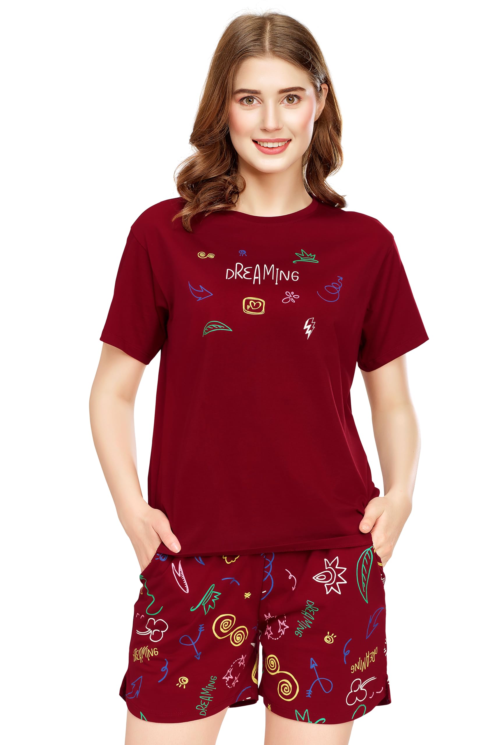 zeyo Night Suit for Women's Printed Cotton Night Dress of Top and Short's Set 5739-picture-43