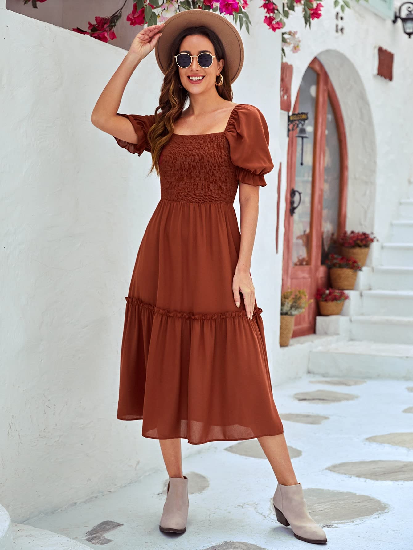 Women's Dresses 1pc Square Neck Puff Sleeve Ruffle Hem Dress Dress for Women (Color : Rust Brown, Size : Small) : Clothing, Shoes & Jewelry