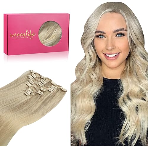 WENNALIFE Clip In Human Hair Extensions, 16 Inch 120g 7pcs Ash Blonde to Golden Blonde and Platinum Blonde Ombre Clip in Human Hair Remy Clip in Hair Extensions Real Human Hair Double Weft