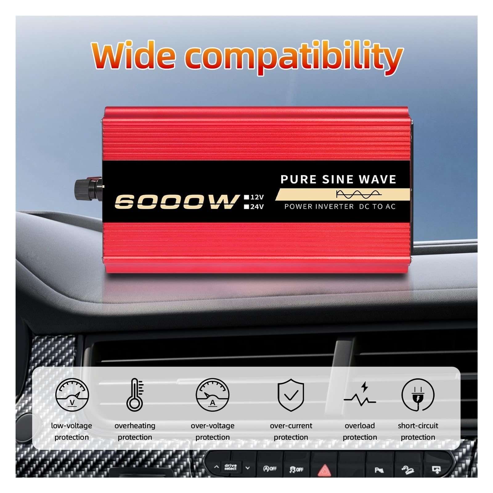 Inversor de Corriente for automoción 6000 W, 12 V CC a 110 CA, 60 Hz, Onda sinusoidal Pura, con LED Conectividad versátil