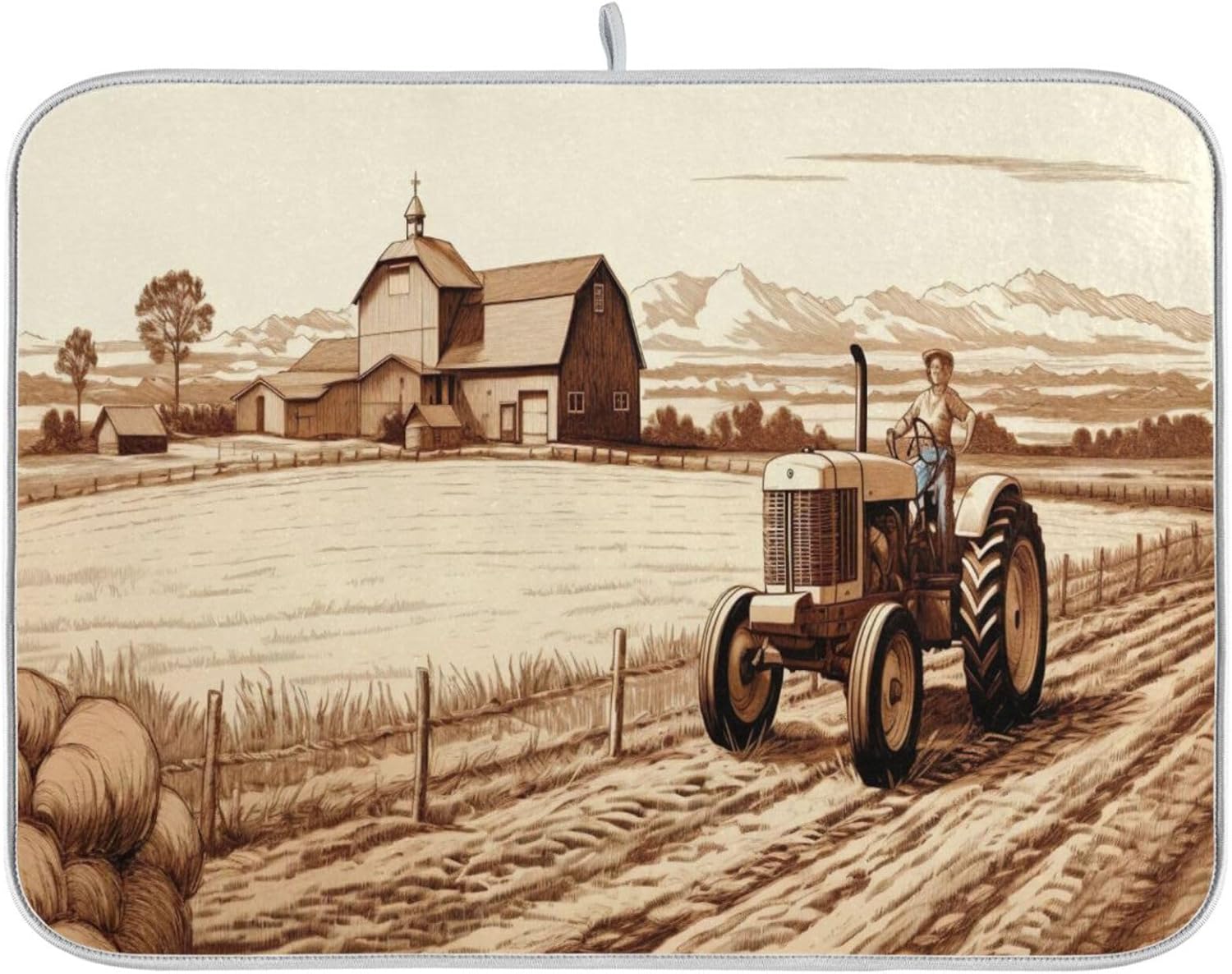 Farm Drawing Dish Drying Mats Tableware Absorption Water Mat Home Decor Drying Pad for Kitchen Countertop, 16 X 18 Inch